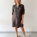 Linen Roll Tab Button Shirt Dress - Brown
