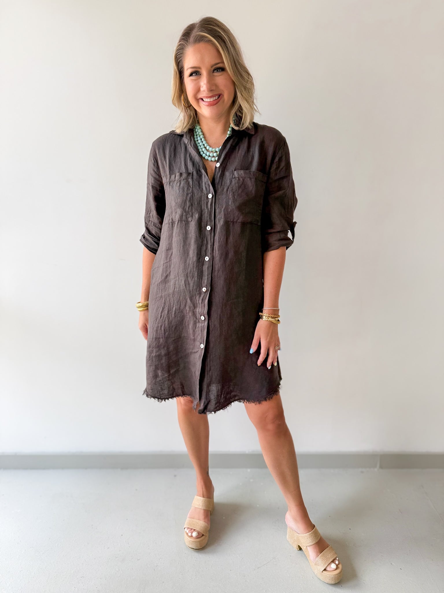 Linen Roll Tab Button Shirt Dress - Brown