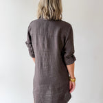 Linen Roll Tab Button Shirt Dress - Brown