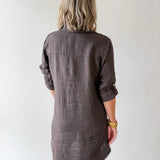 Linen Roll Tab Button Shirt Dress - Brown