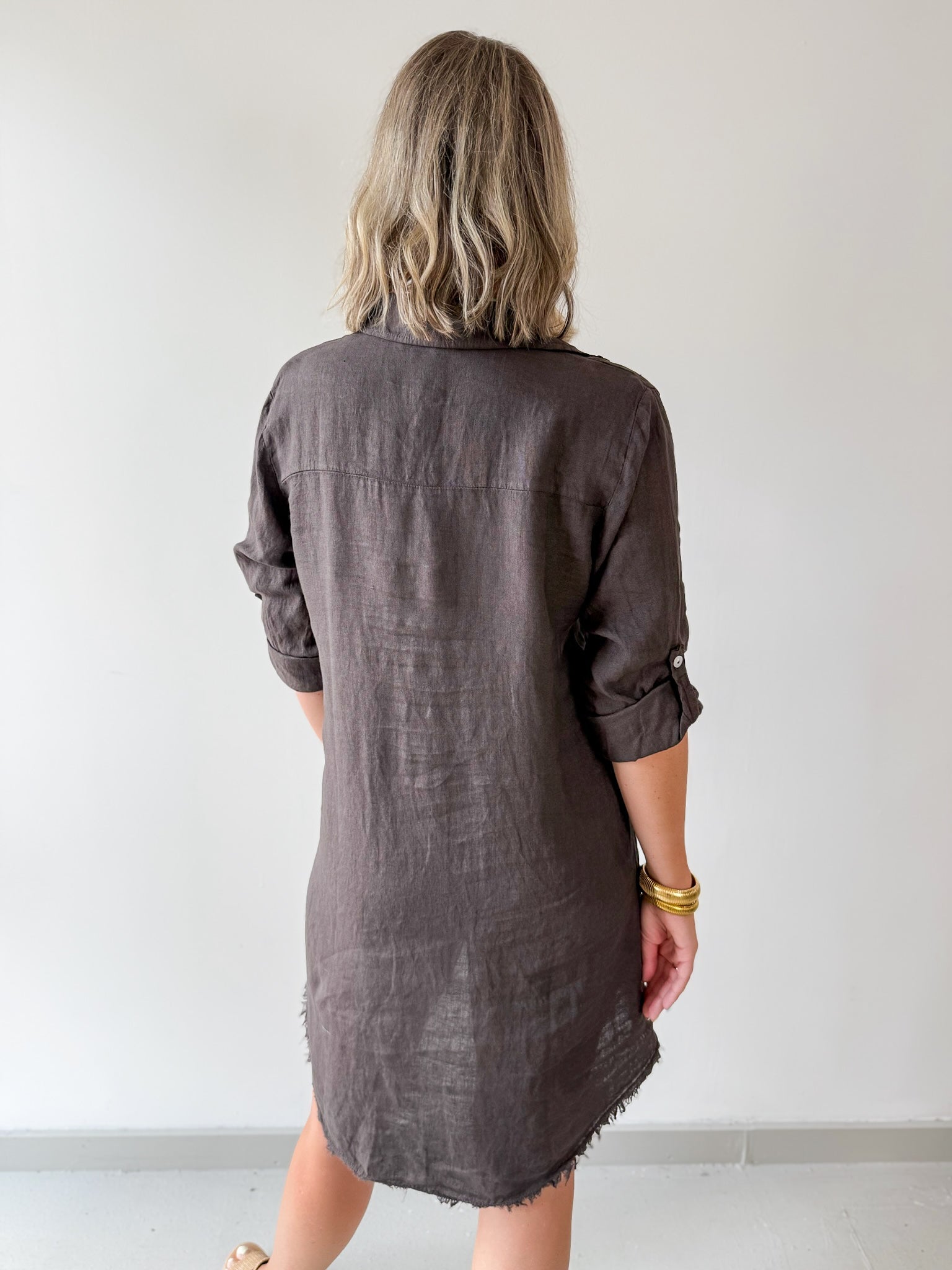 Linen Roll Tab Button Shirt Dress - Brown