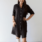 Linen Roll Tab Button Shirt Dress - Brown