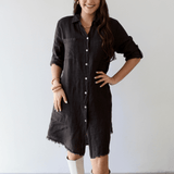 Linen Roll Tab Button Shirt Dress - Brown