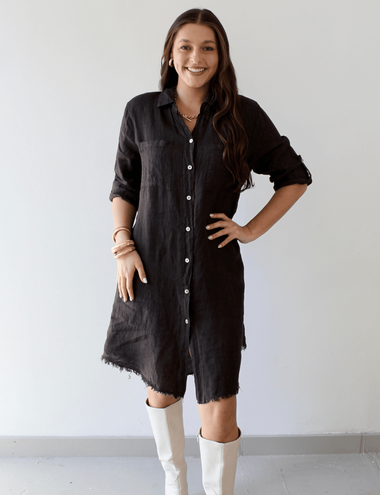 Linen Roll Tab Button Shirt Dress - Brown