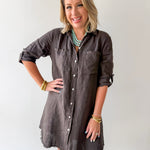 Linen Roll Tab Button Shirt Dress - Brown