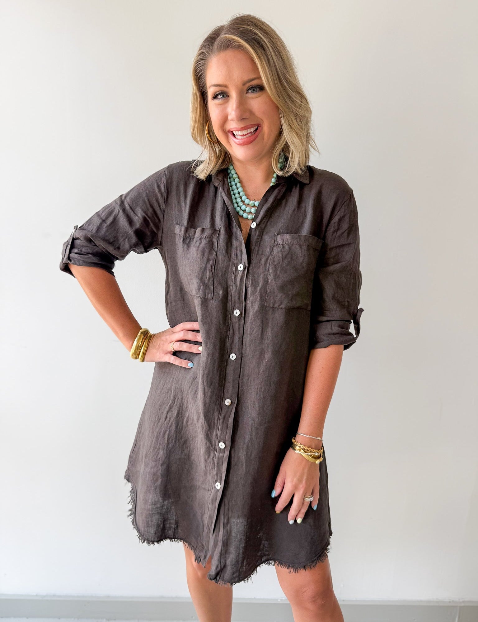 Linen Roll Tab Button Shirt Dress - Brown