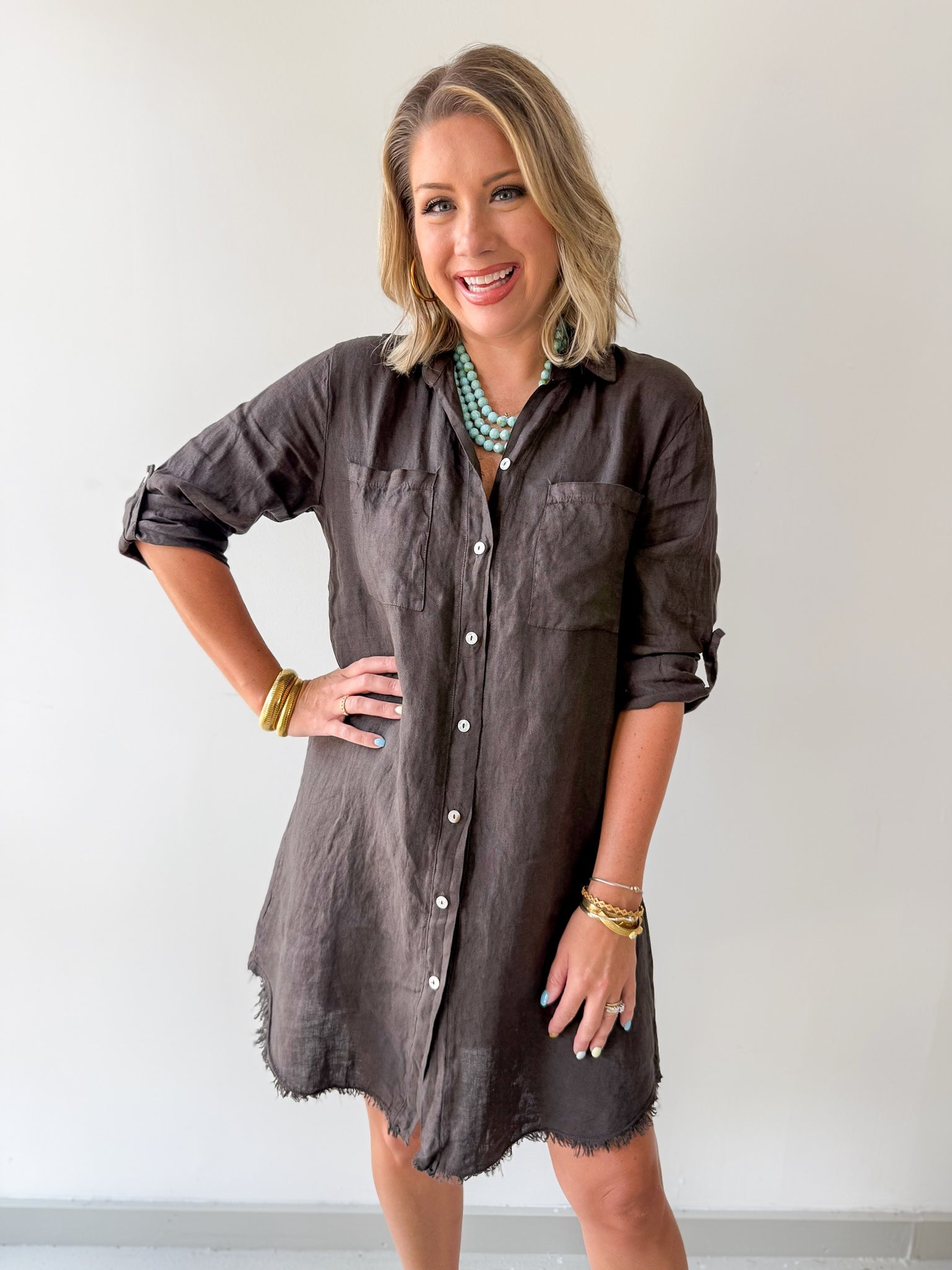 Linen Roll Tab Button Shirt Dress - Brown