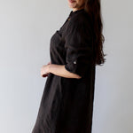 Linen Roll Tab Button Shirt Dress - Brown