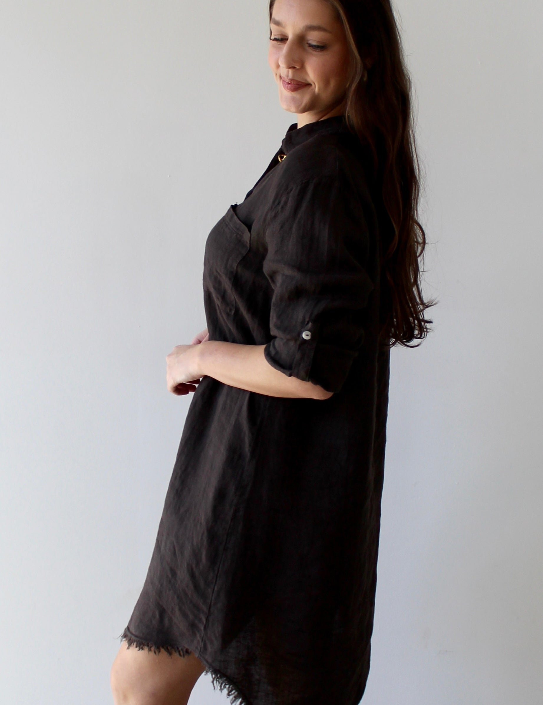 Linen Roll Tab Button Shirt Dress - Brown