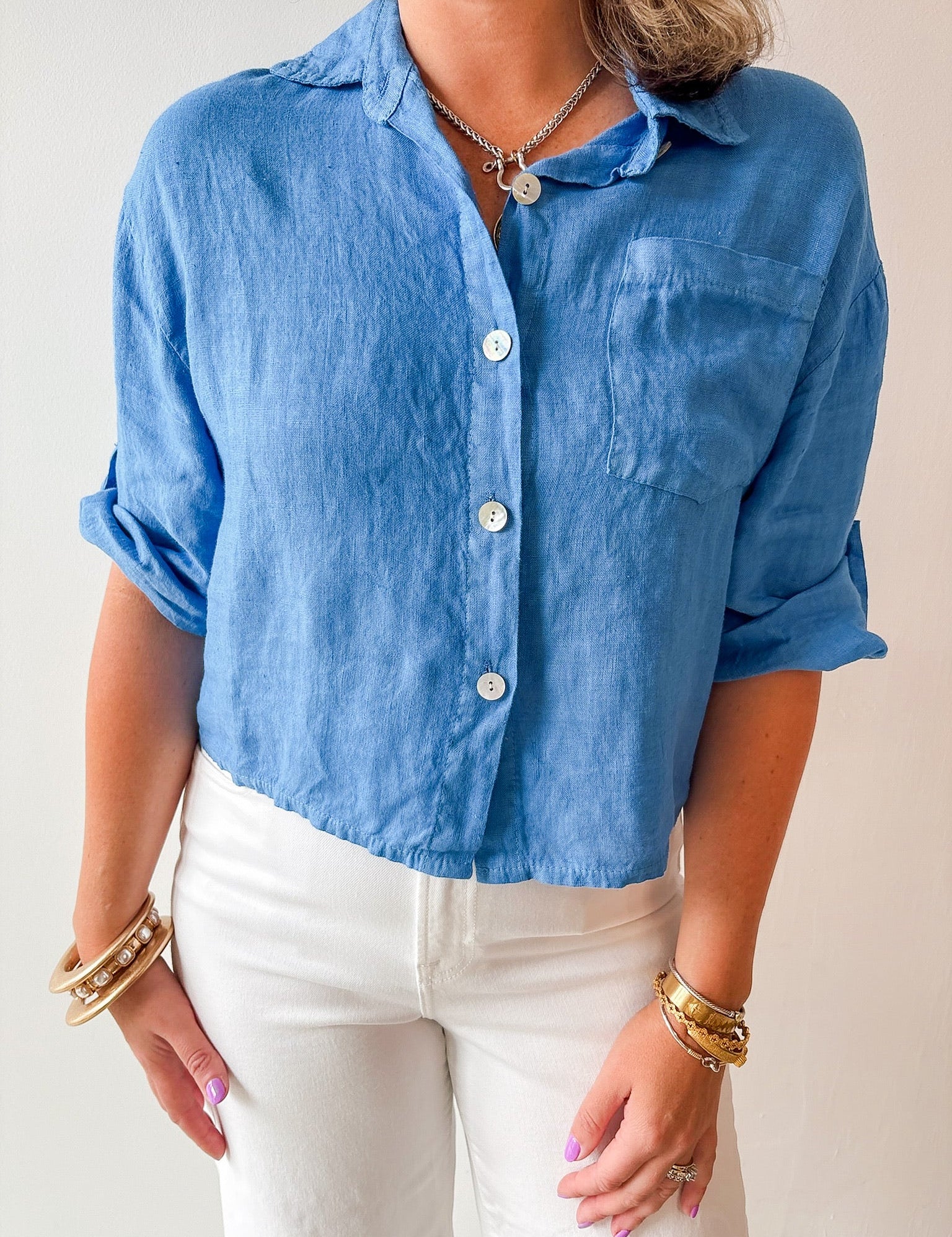 Linen Roll Tab Shirt - Blue