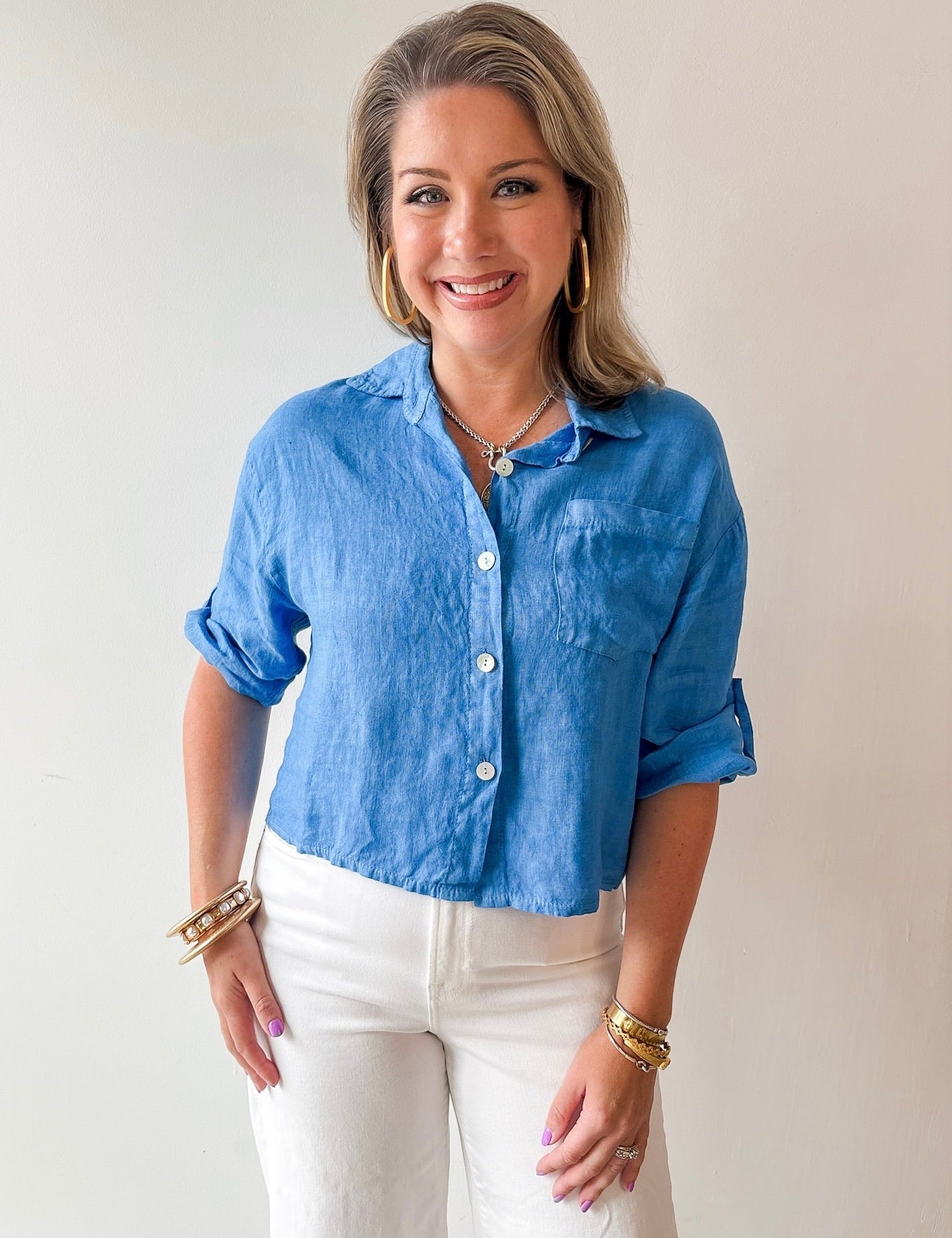 Linen Roll Tab Shirt - Blue