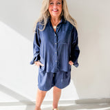 Linen Shirt & Short Set - Navy