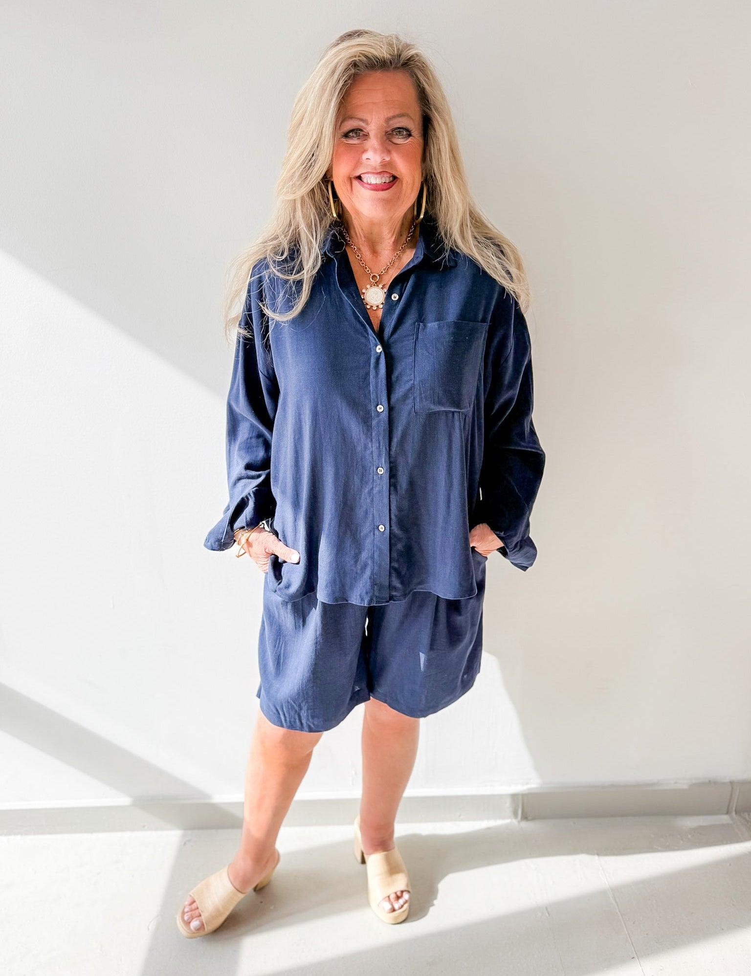 Linen Shirt & Short Set - Navy