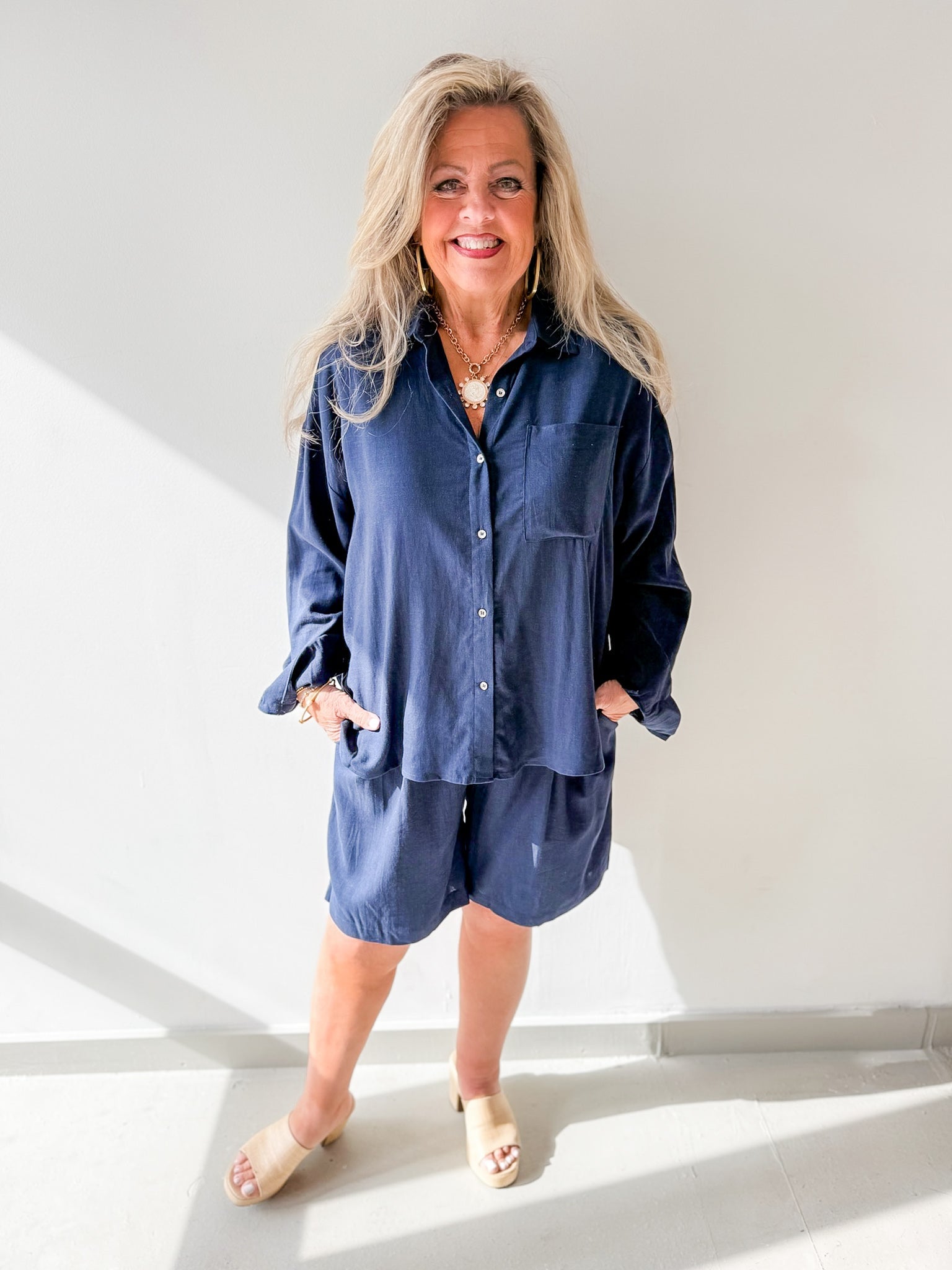 Linen Shirt & Short Set - Navy