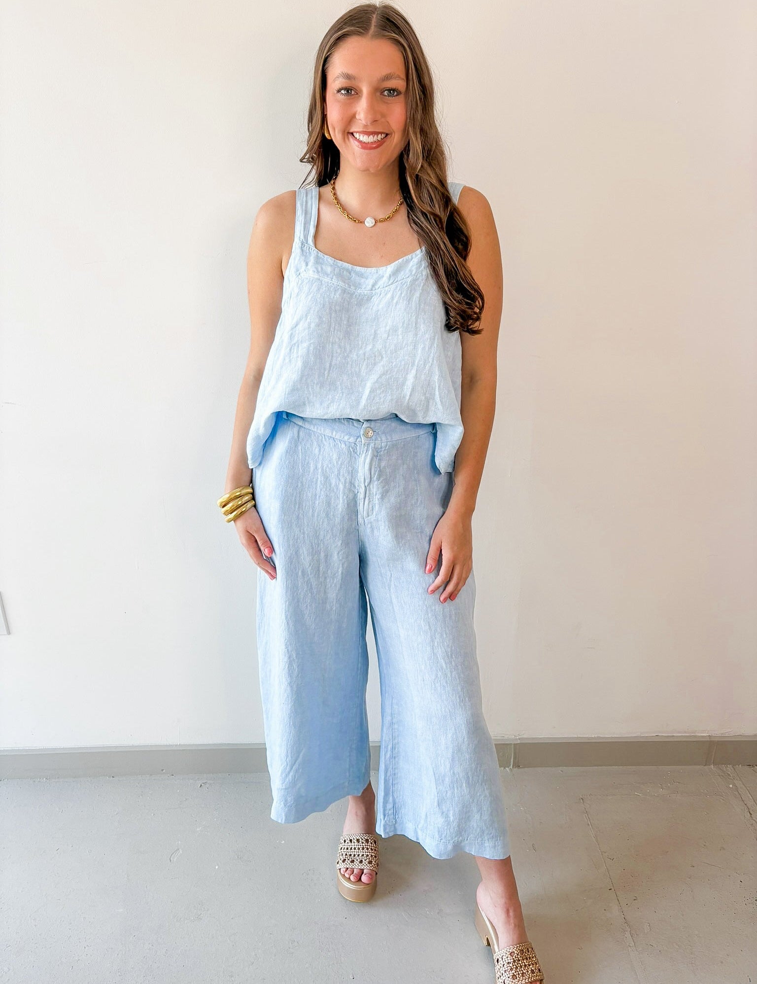Linen Square Top & Pant Set - Blue