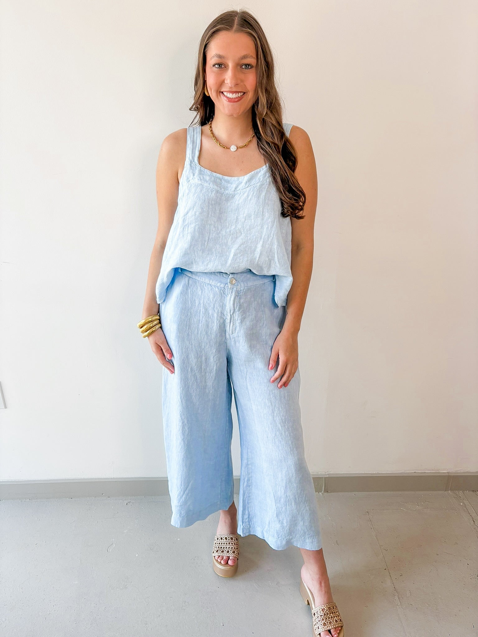 Linen Square Top & Pant Set - Blue