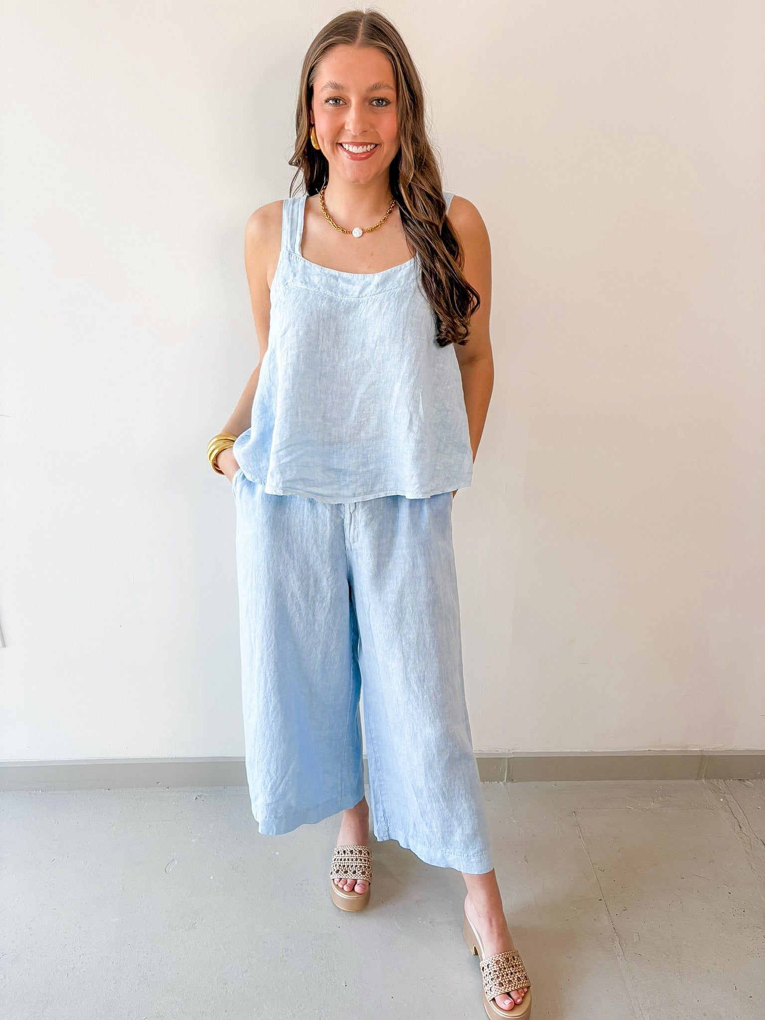 Linen Square Top & Pant Set - Blue