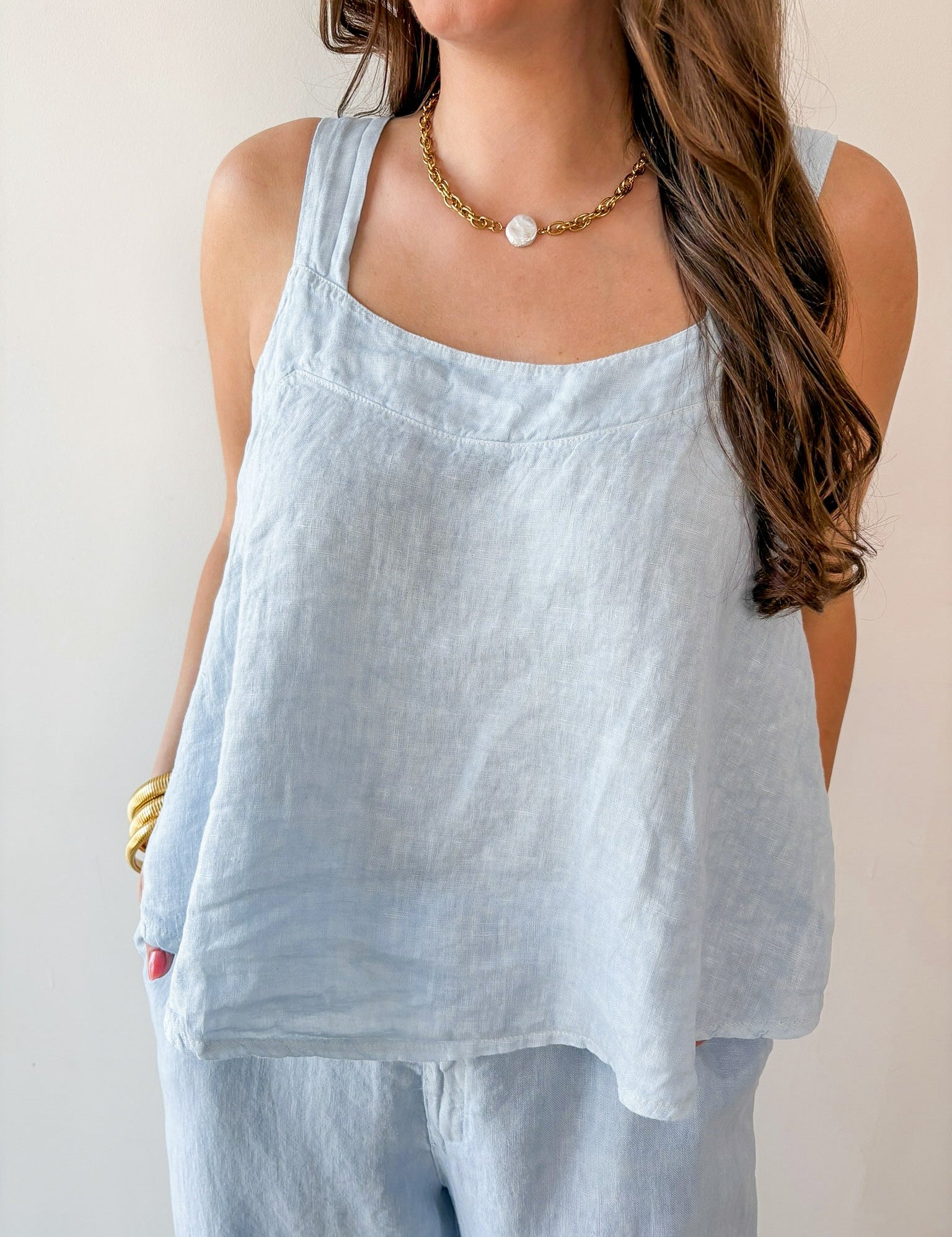 Linen Square Top & Pant Set - Blue