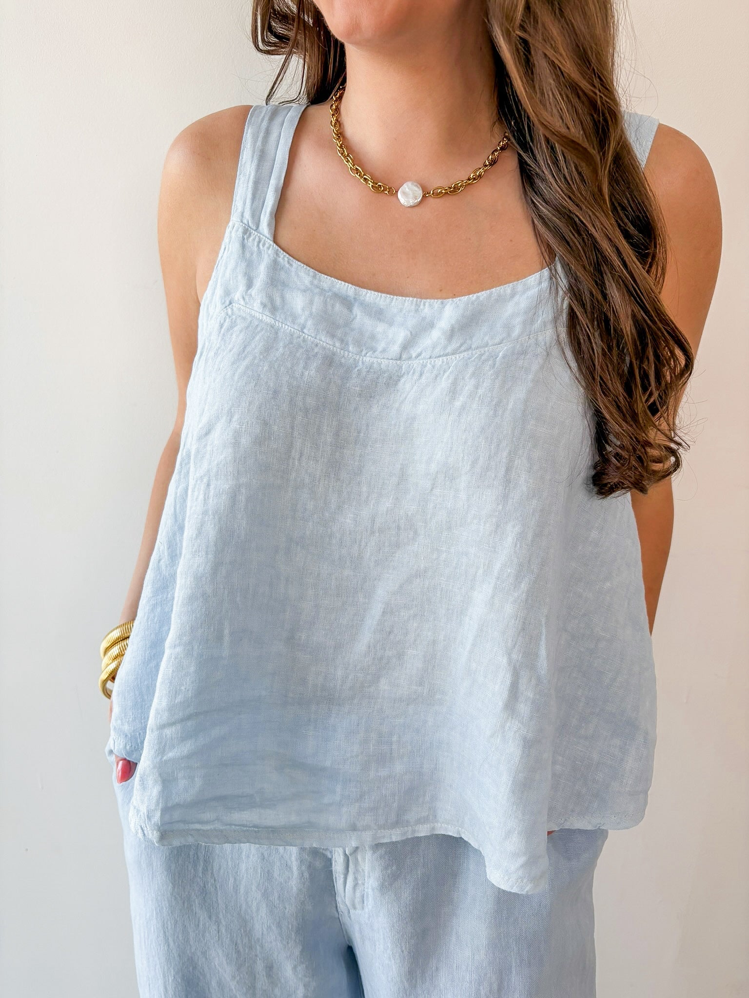 Linen Square Top & Pant Set - Blue