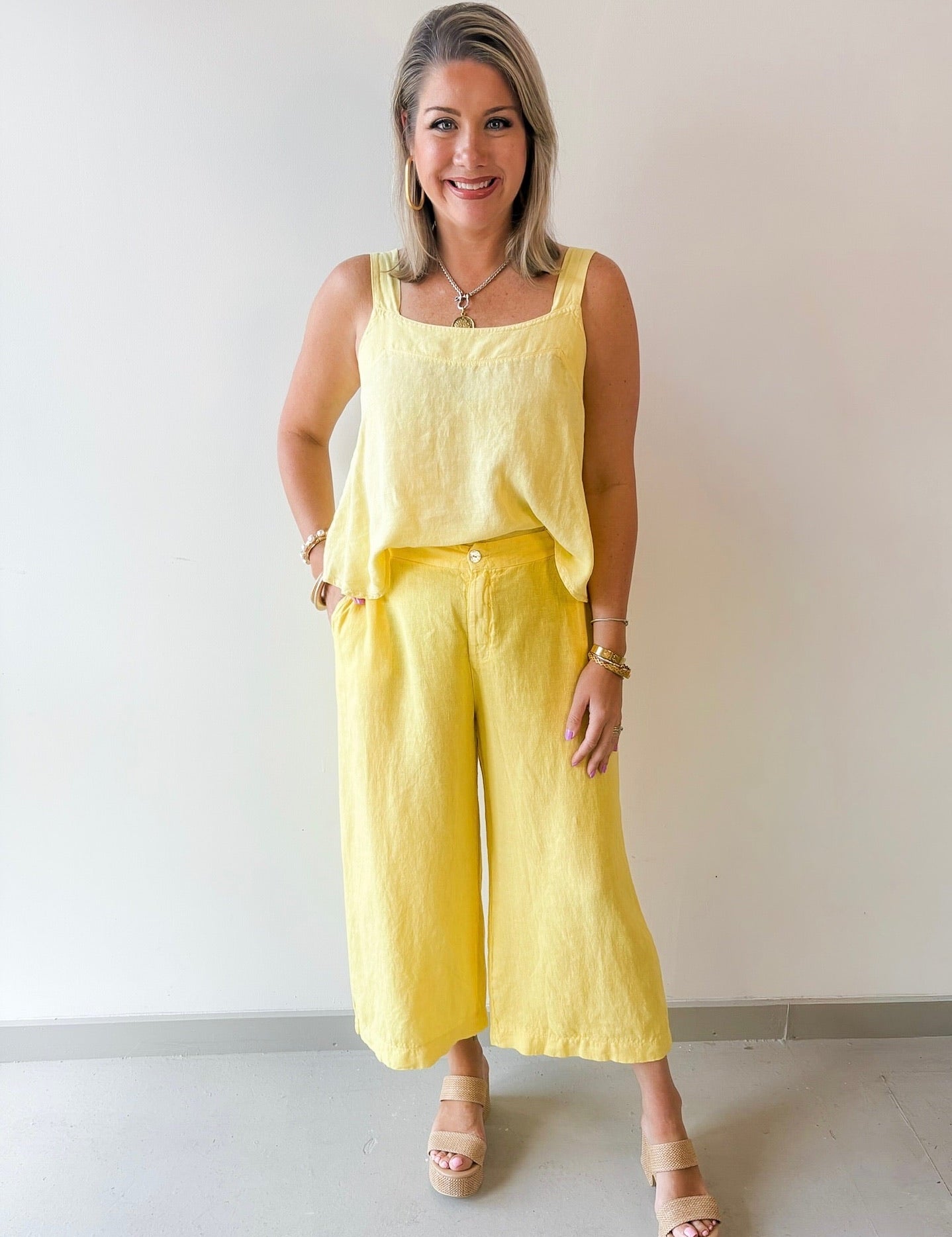 Linen Square Top & Pant Set - Yellow