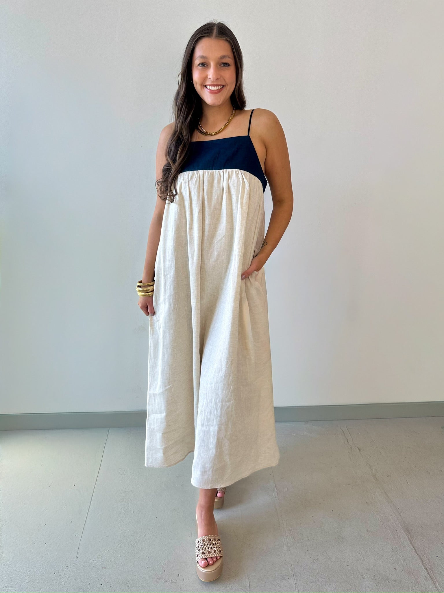 Linen Two Tone Maxi Dress med
