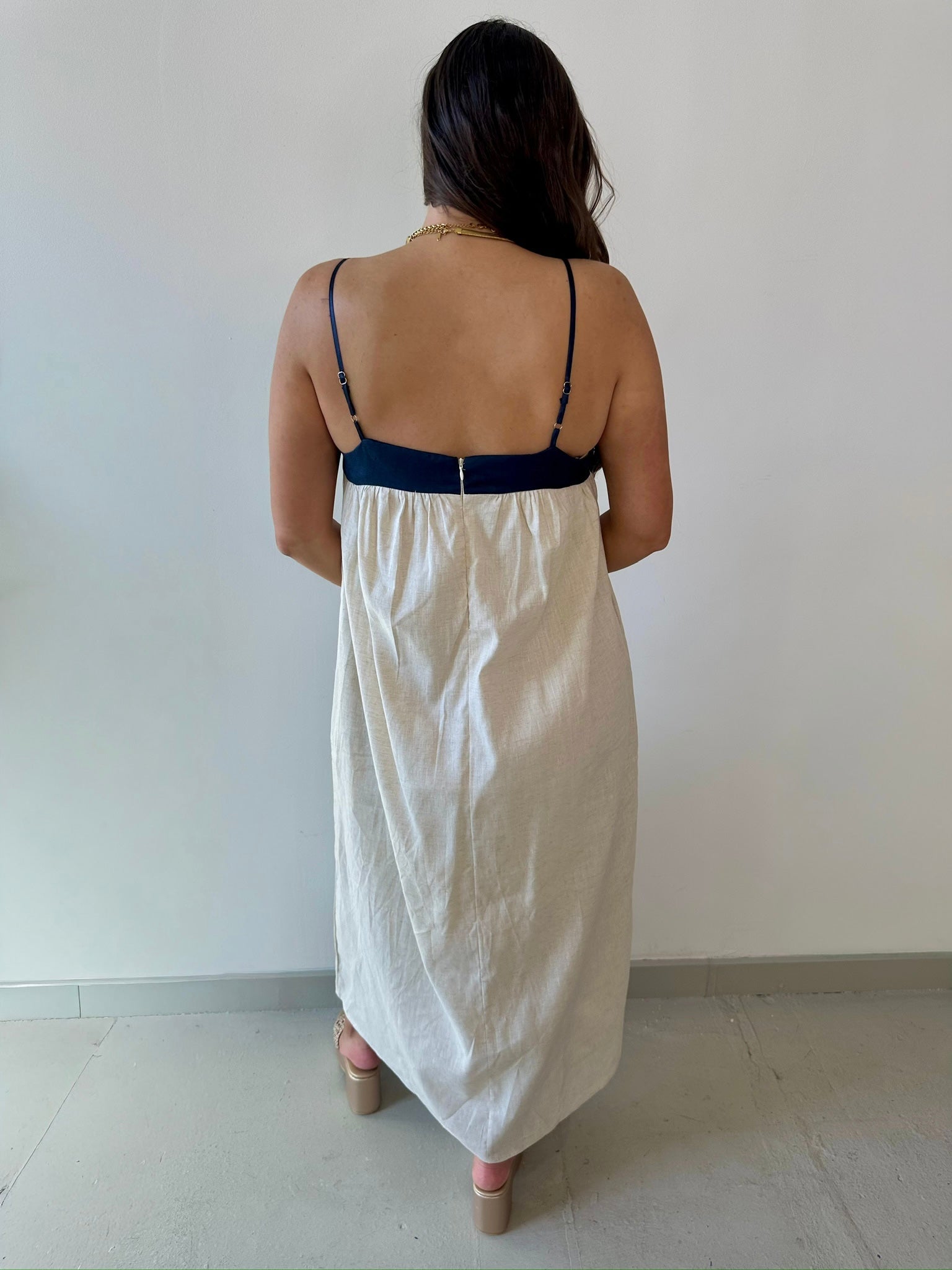 two tone linen dress Color Block Linen Midi Dress: White & Grey Minimalist Tunic, C5