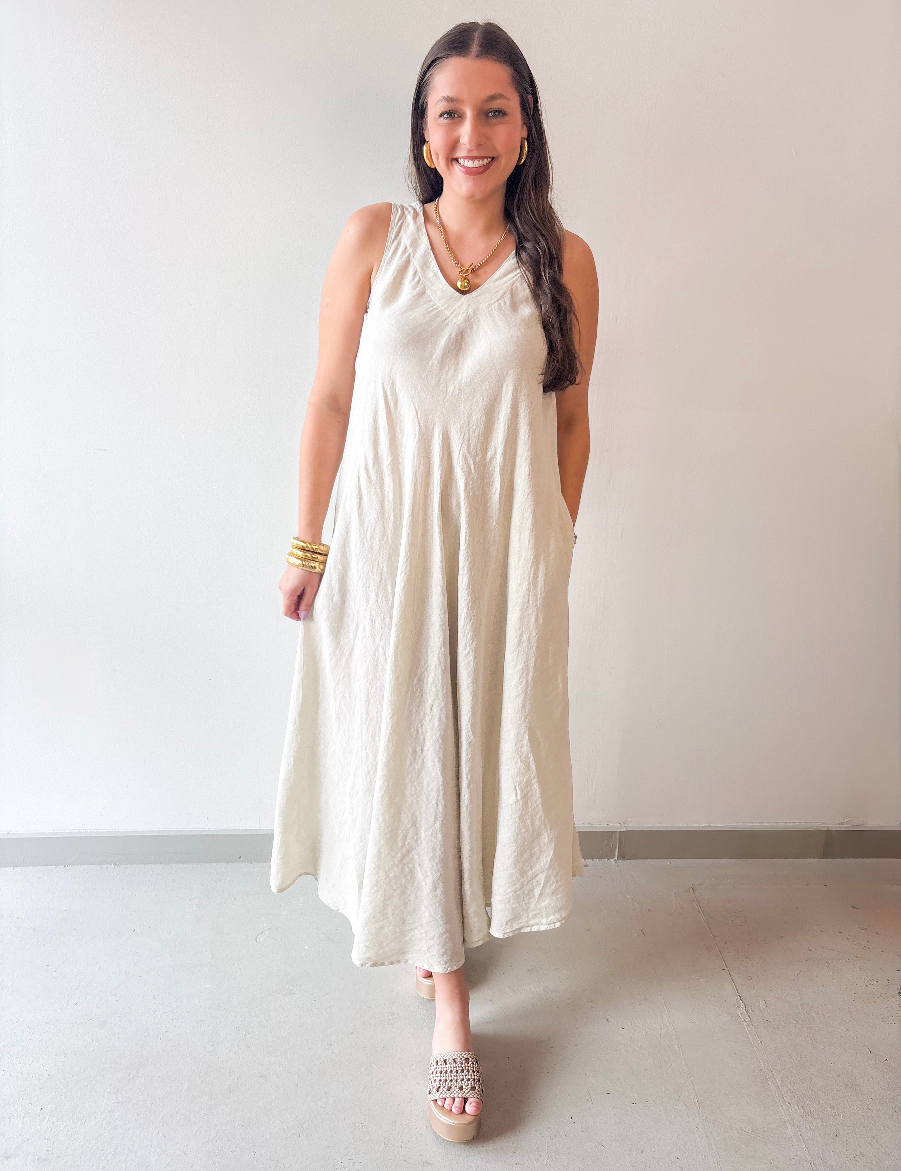 Linen V Neck Tank Dress - Beige