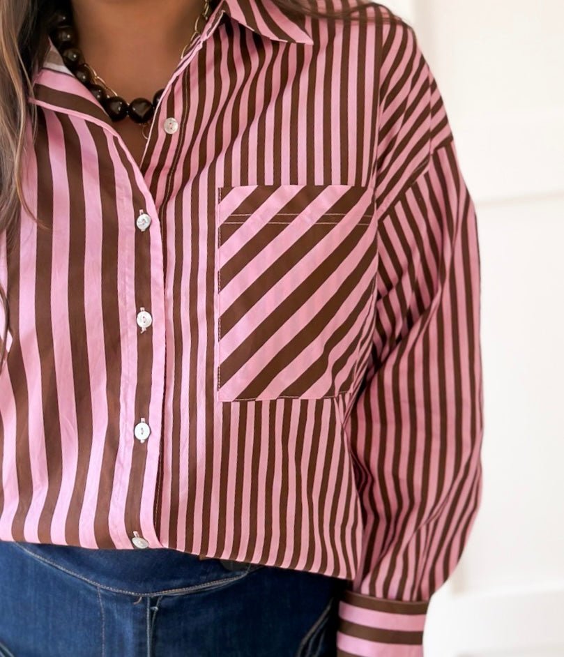 Long Sleeve Striped Shirt - Pink-Brown