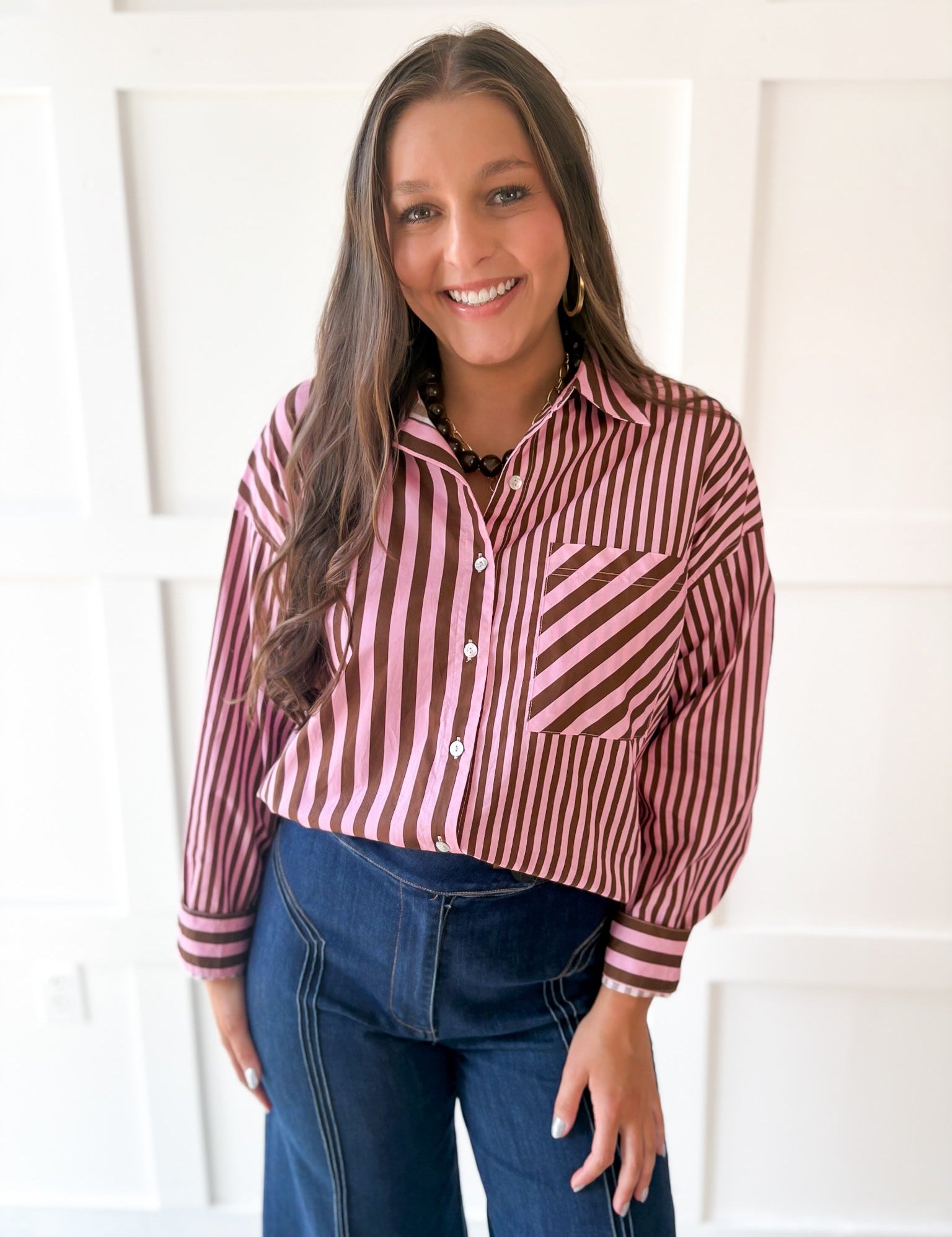Long Sleeve Striped Shirt - Pink-Brown