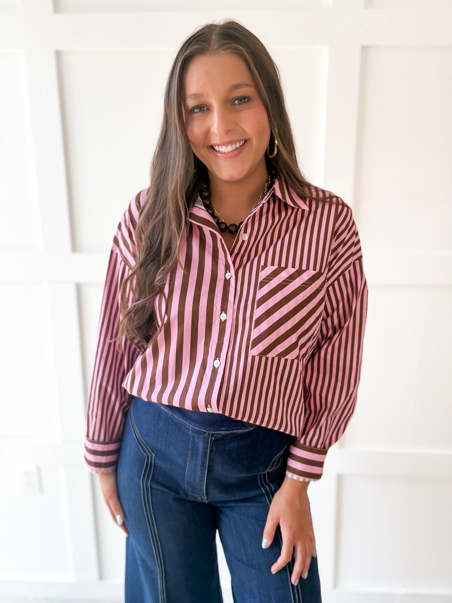 Long Sleeve Striped Shirt - Pink-Brown