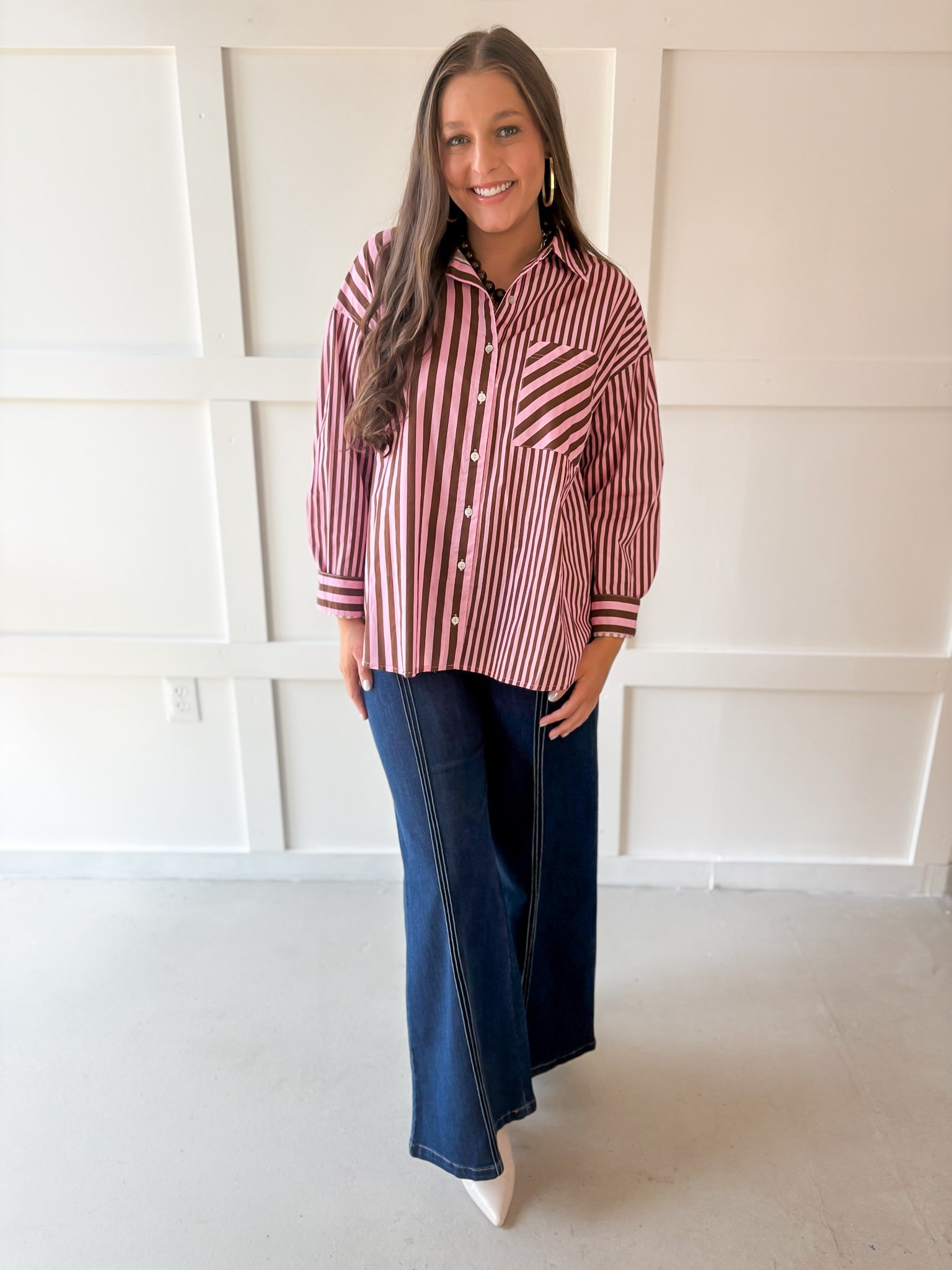 Long Sleeve Striped Shirt - Pink-Brown