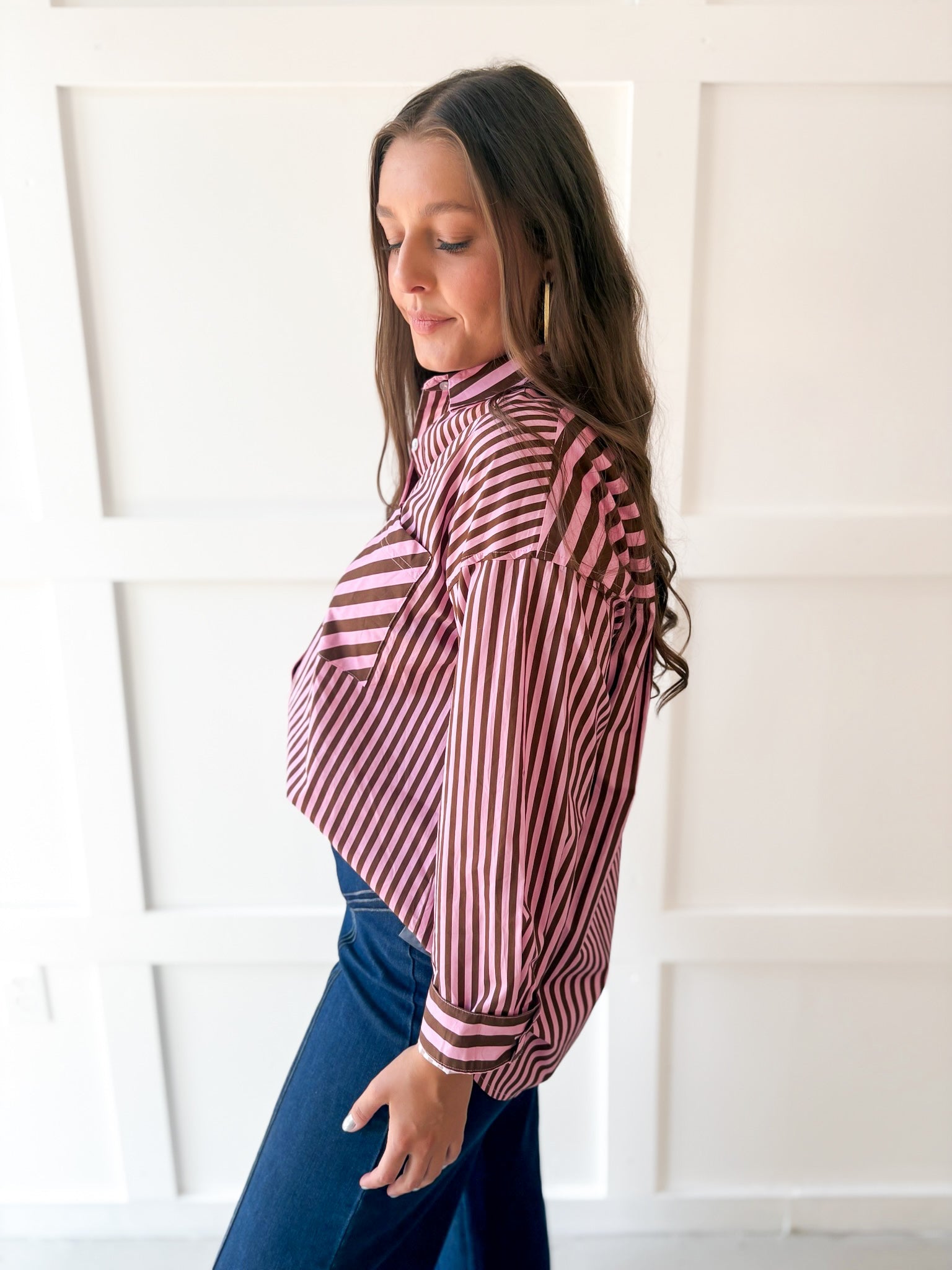 Long Sleeve Striped Shirt - Pink-Brown