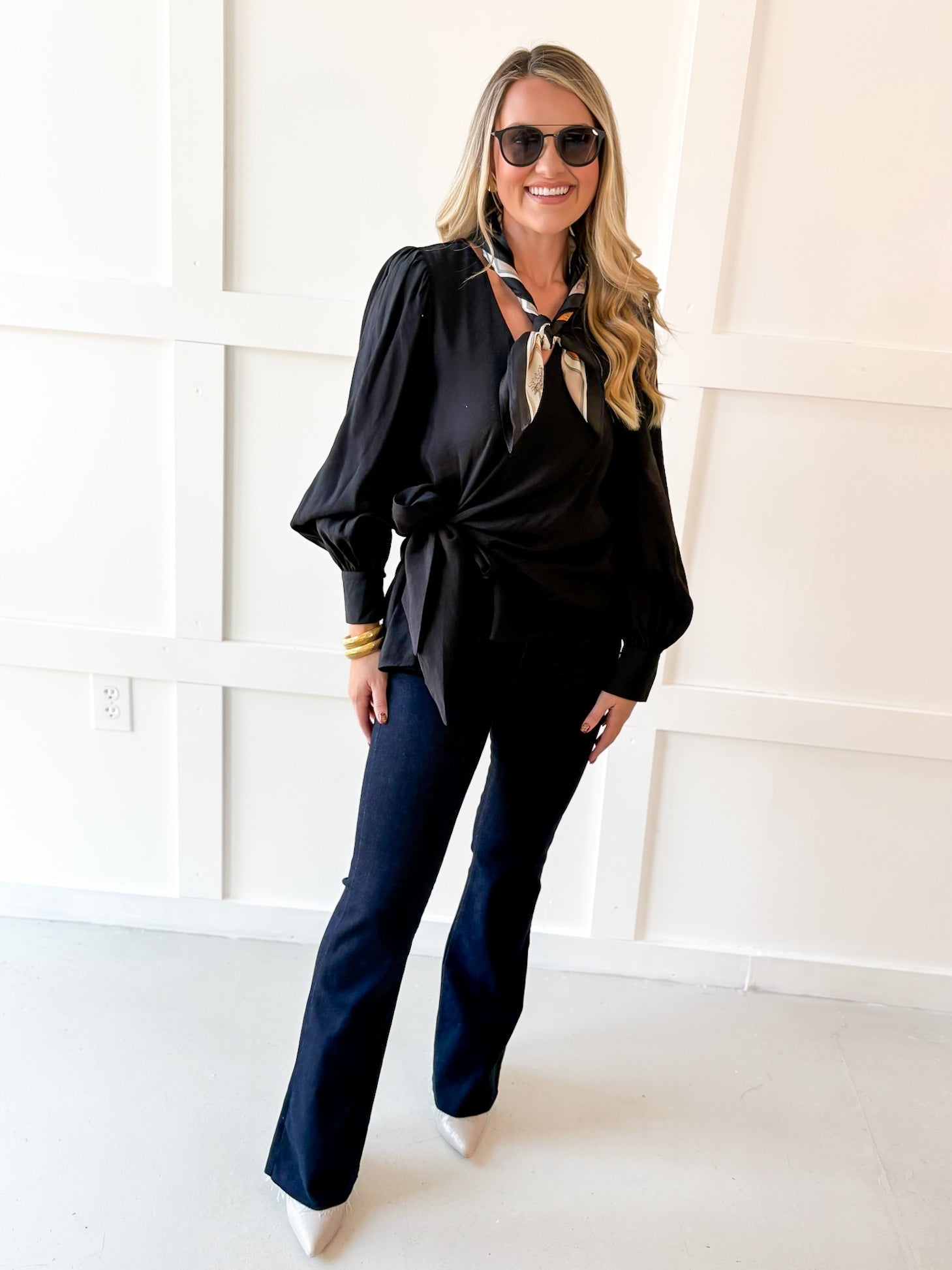 Long Sleeve Wrap Blouse - Black