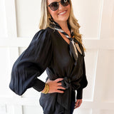 Long Sleeve Wrap Blouse - Black