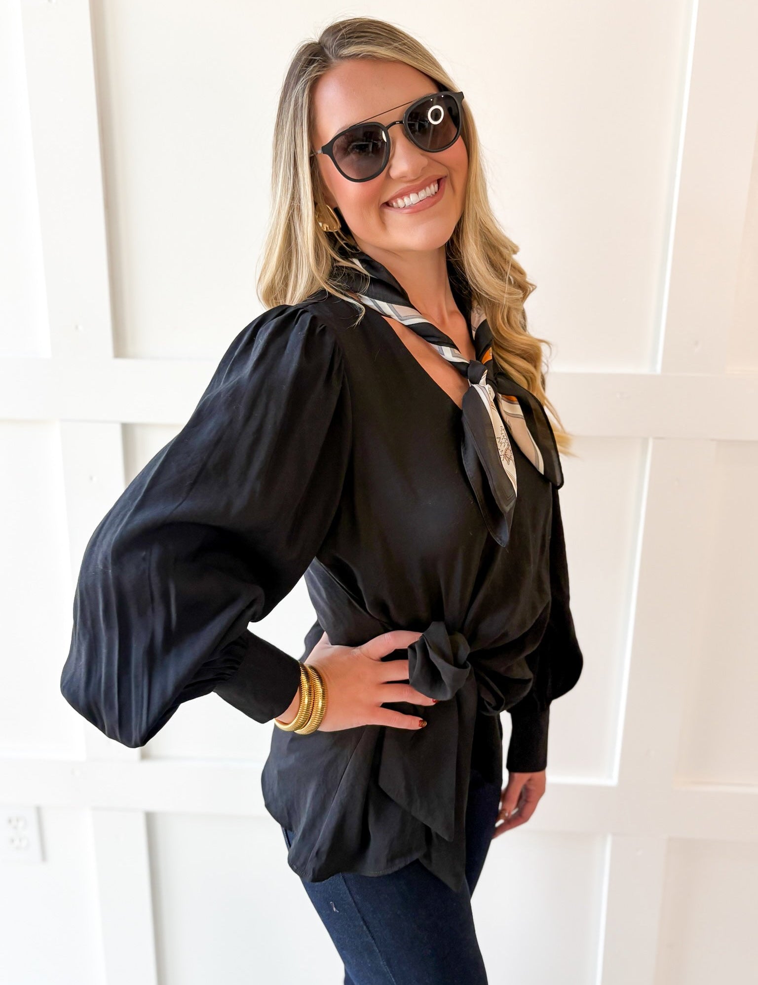 Long Sleeve Wrap Blouse - Black