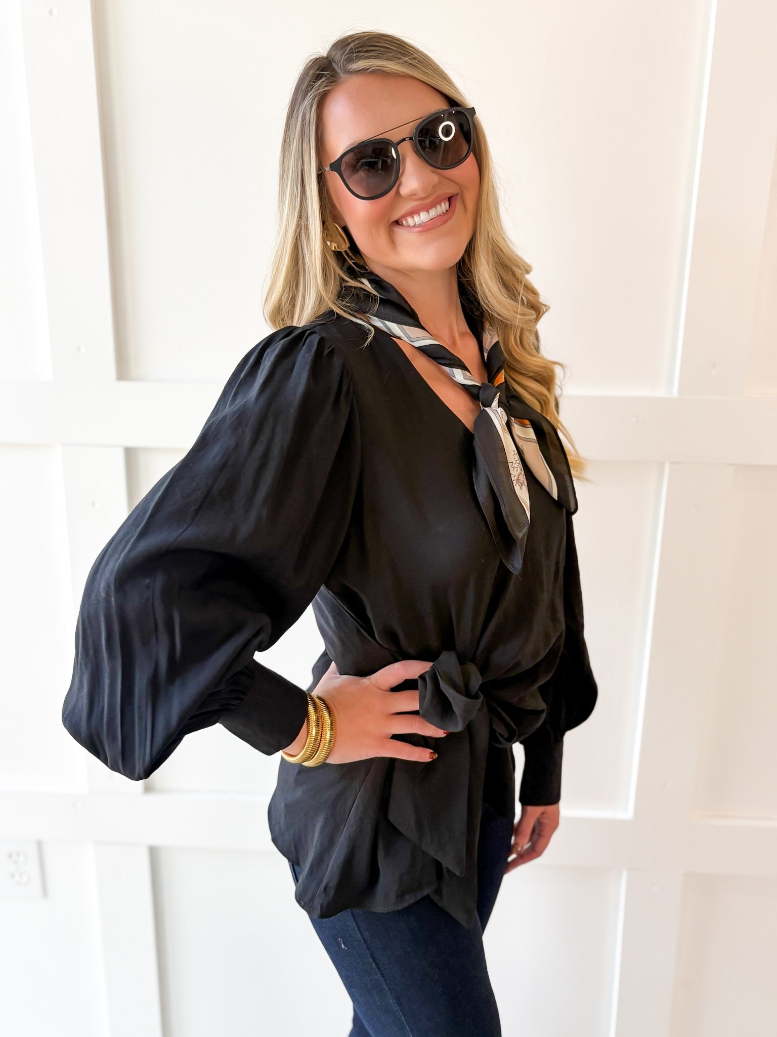 Long Sleeve Wrap Blouse - Black