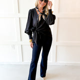 Long Sleeve Wrap Blouse - Black