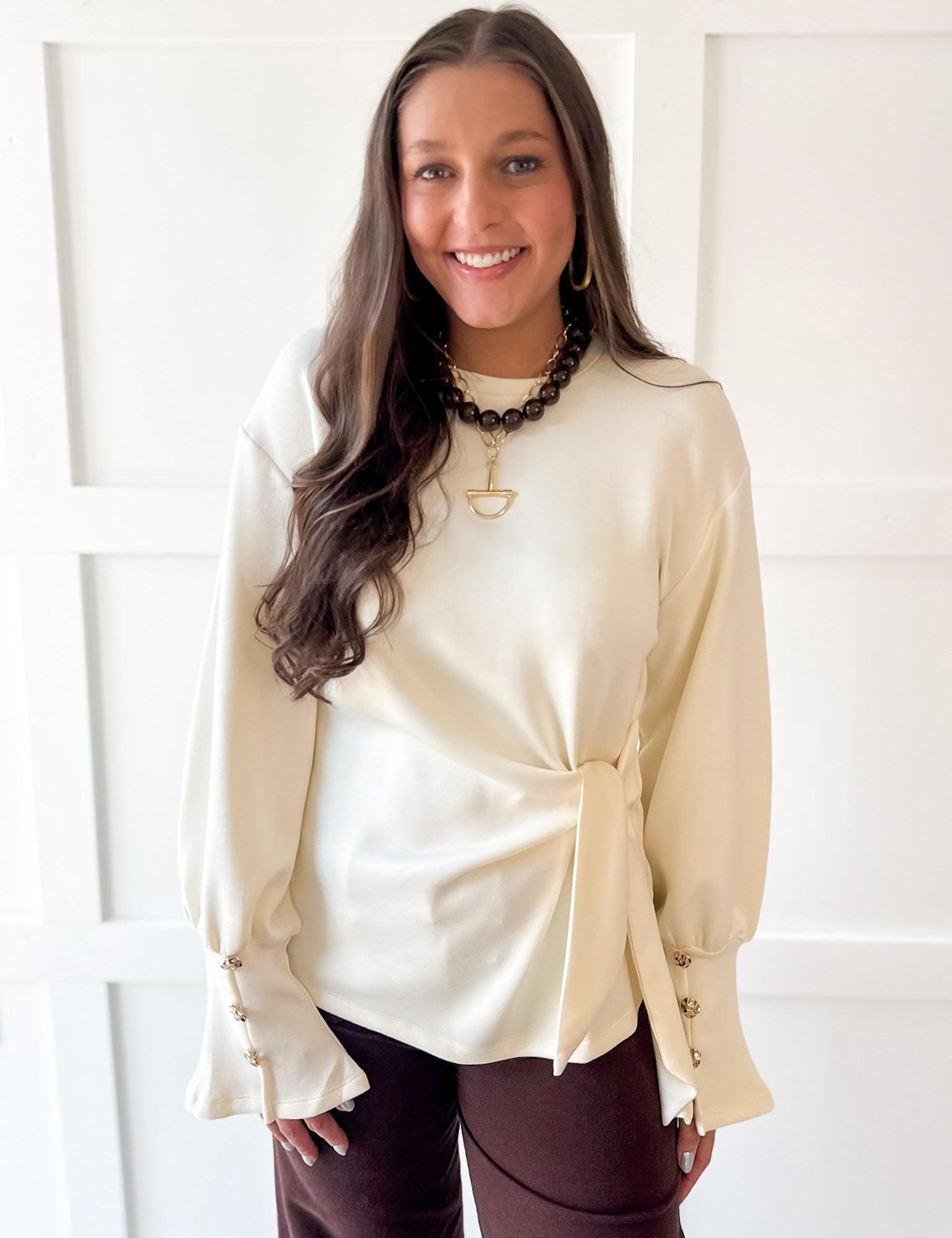 Long Sleeve Wrap Blouse - Cream