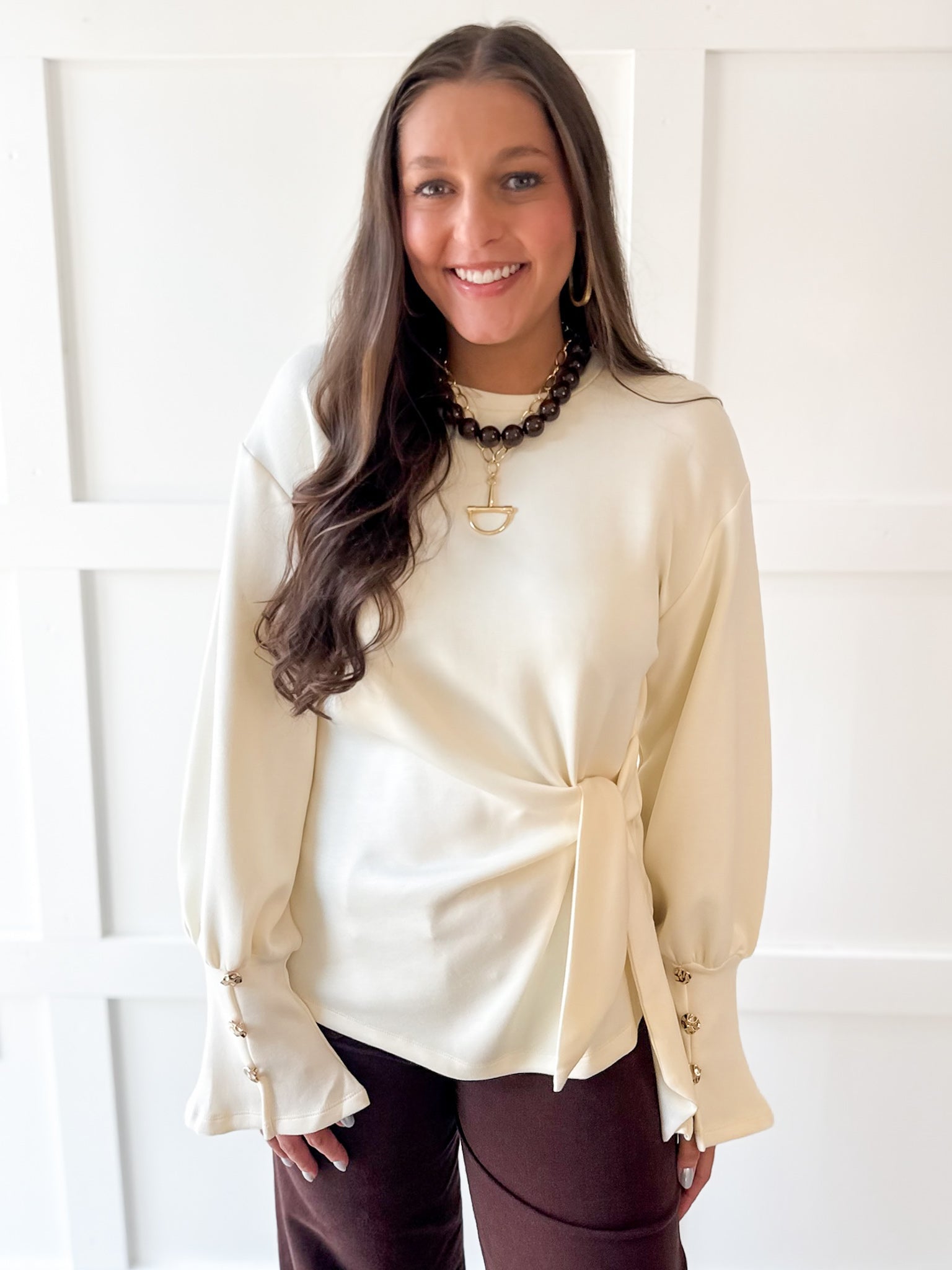 Long Sleeve Wrap Blouse - Cream