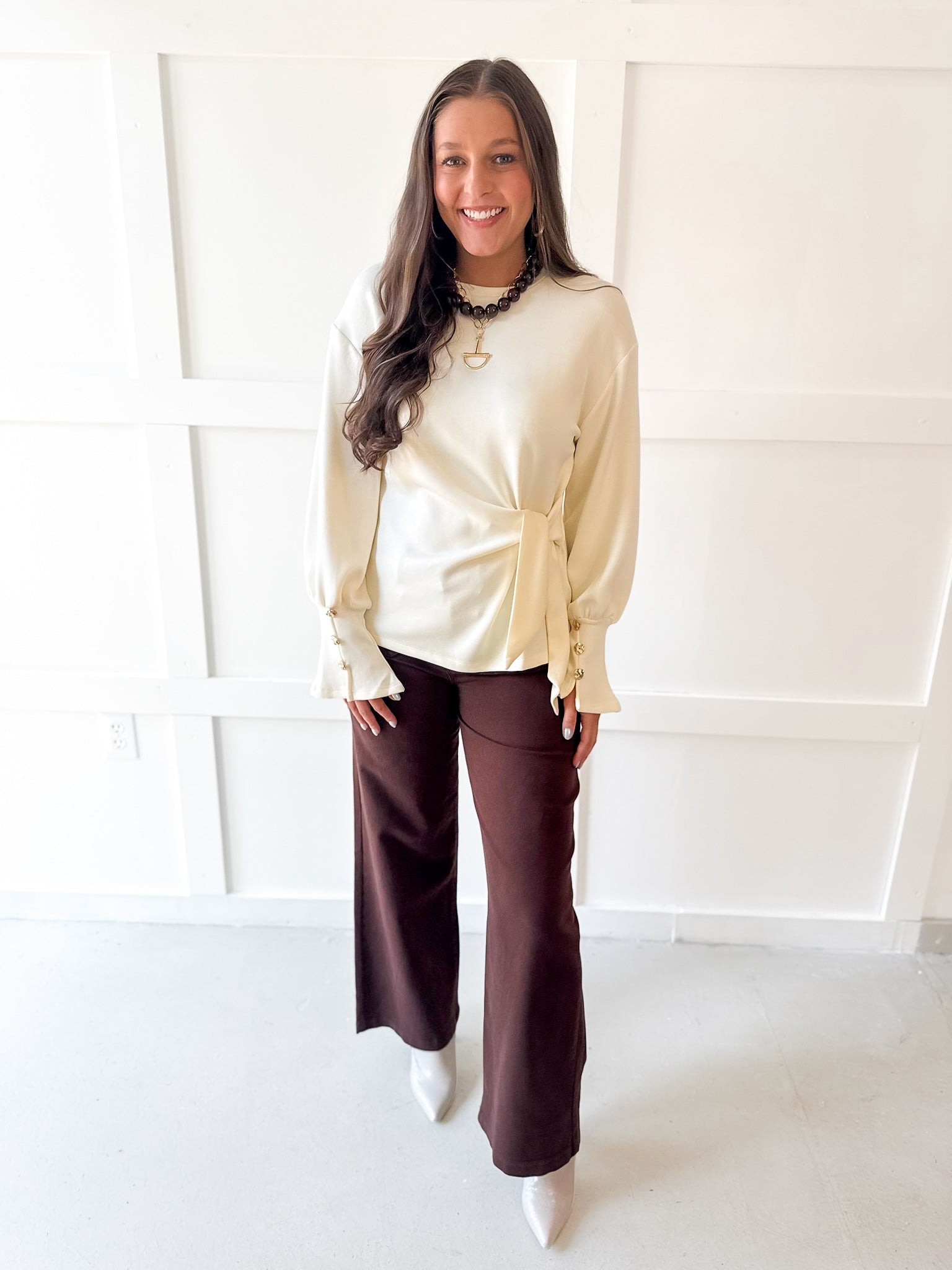 Long Sleeve Wrap Blouse - Cream
