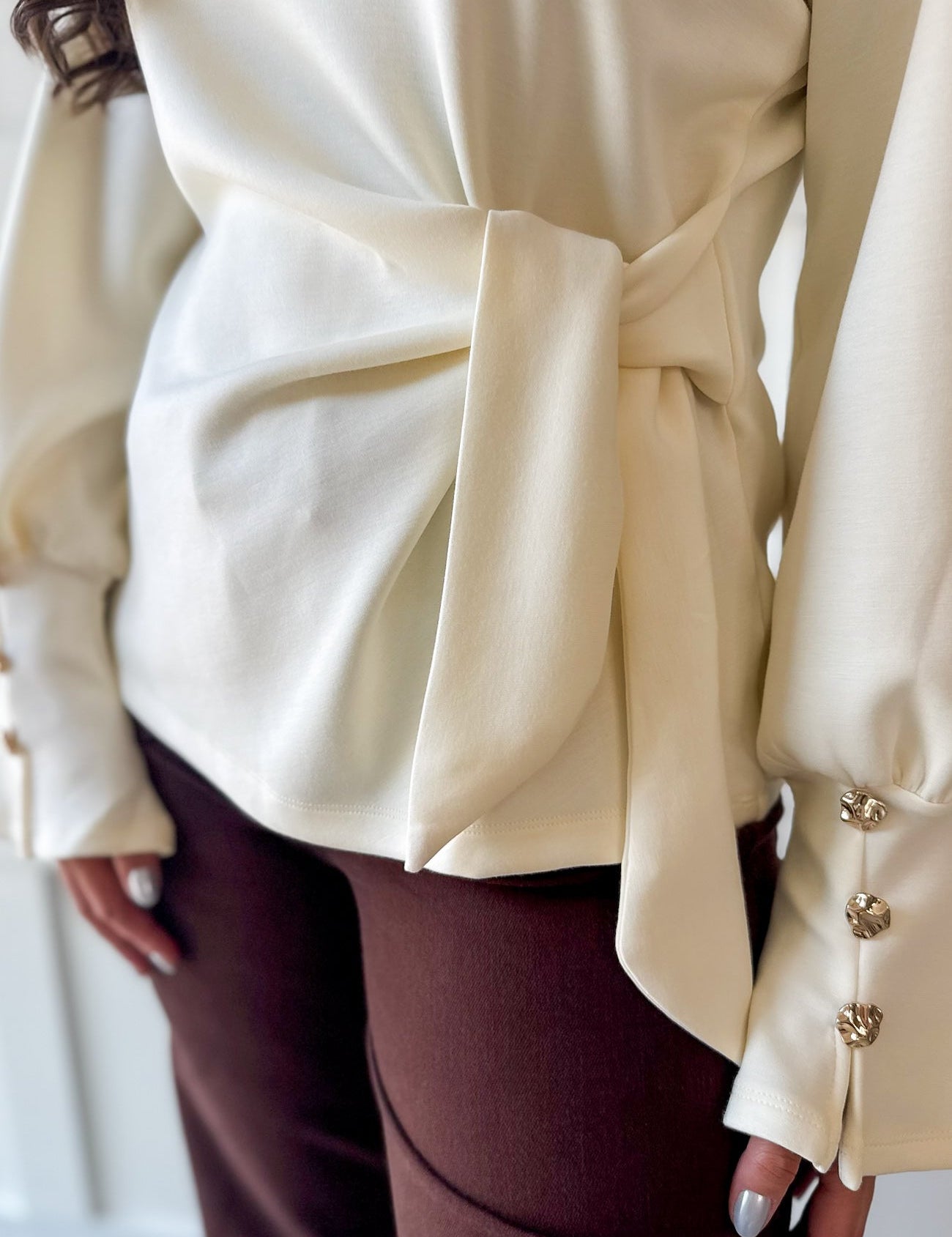Long Sleeve Wrap Blouse - Cream