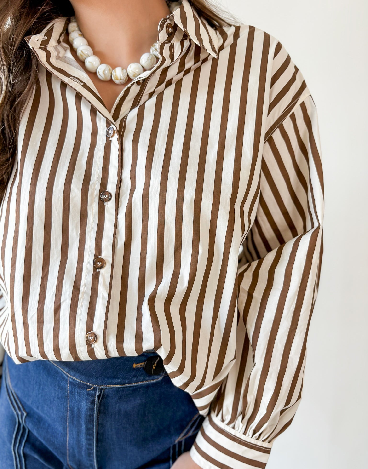Long Sleeved Striped Shirt - Ecru-Brown