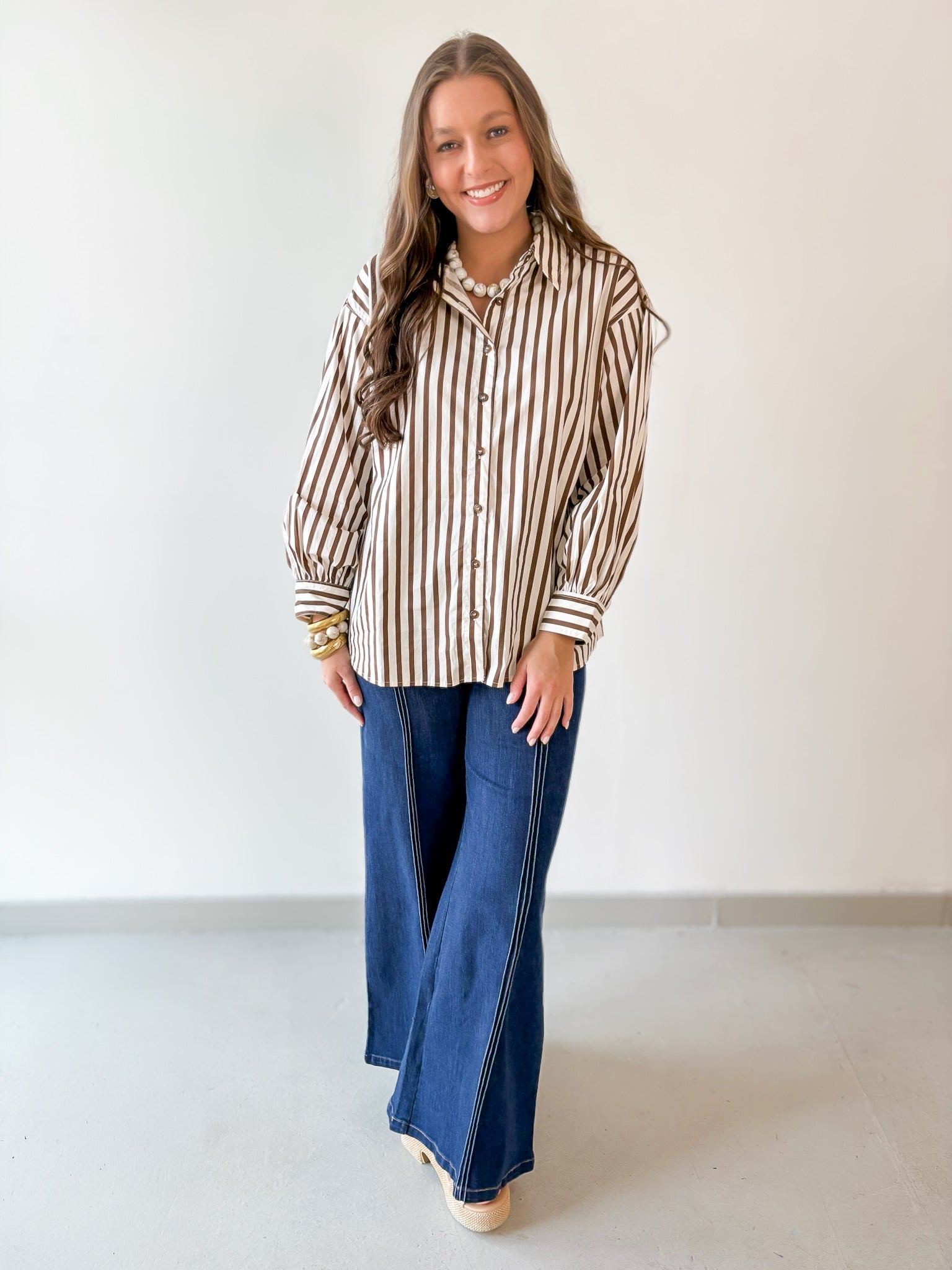 Long Sleeved Striped Shirt - Ecru-Brown