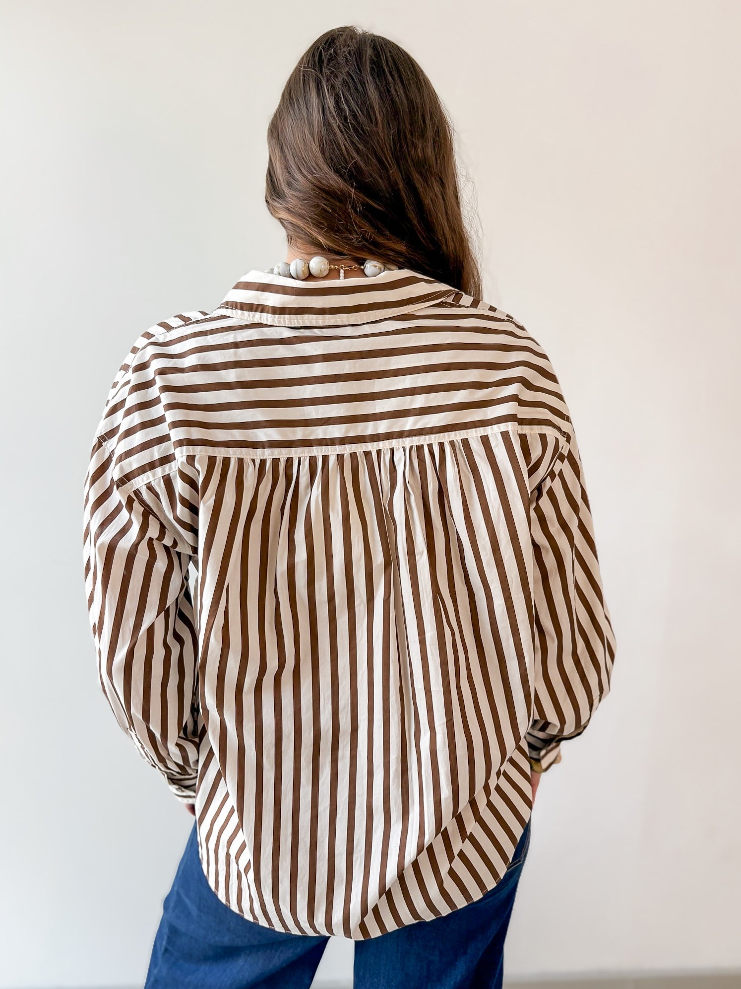 Long Sleeved Striped Shirt - Ecru-Brown