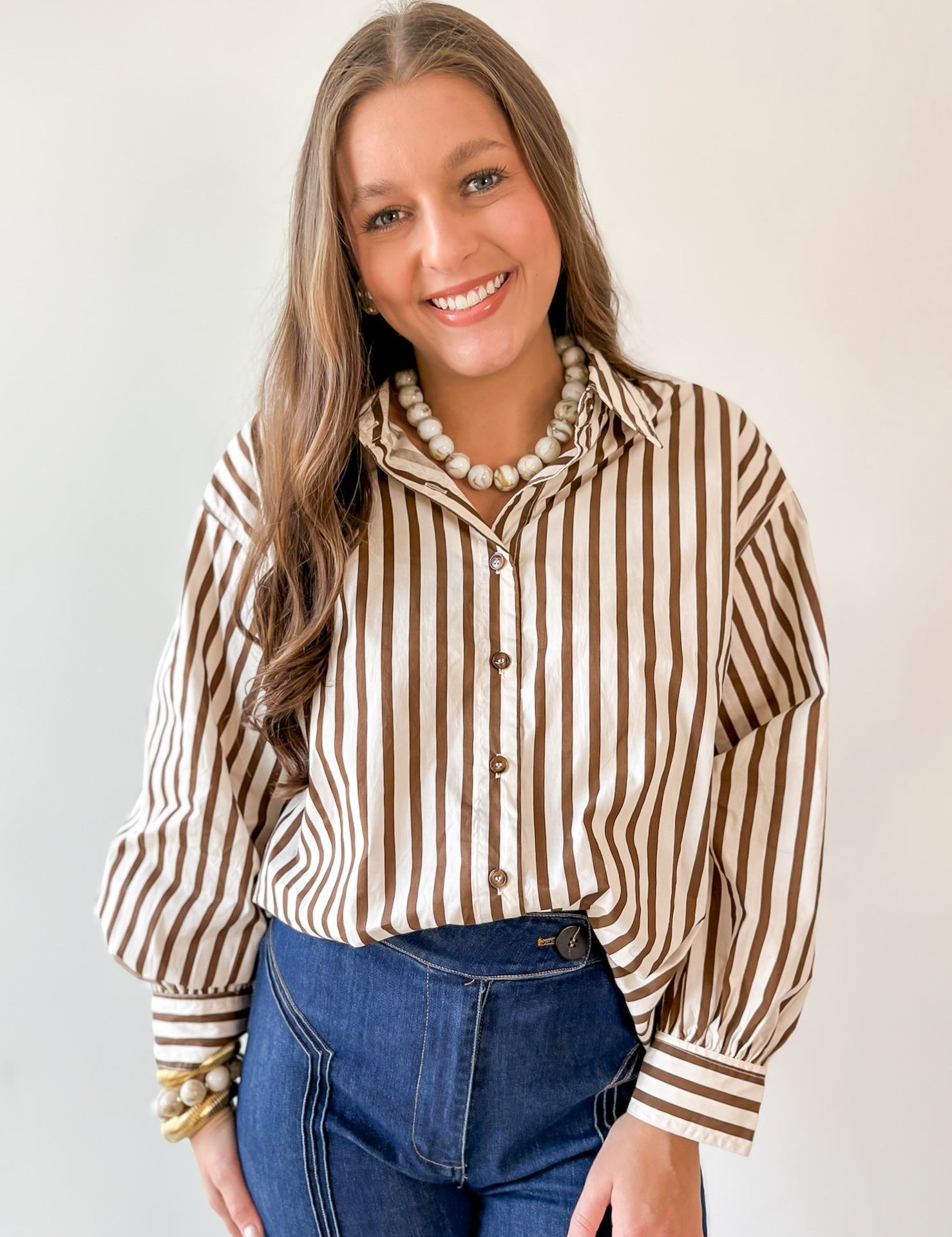 Long Sleeved Striped Shirt - Ecru-Brown
