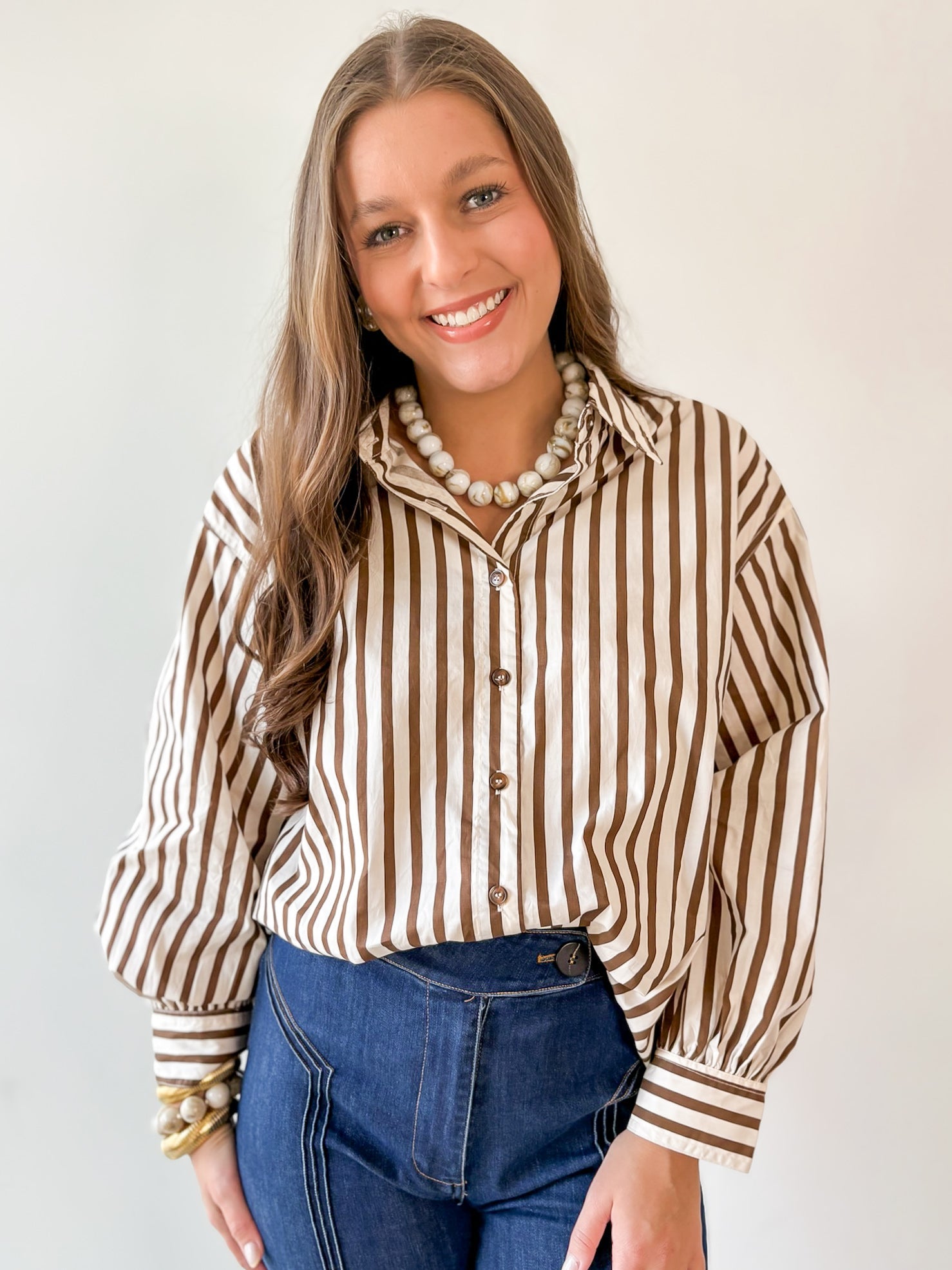 Long Sleeved Striped Shirt - Ecru-Brown