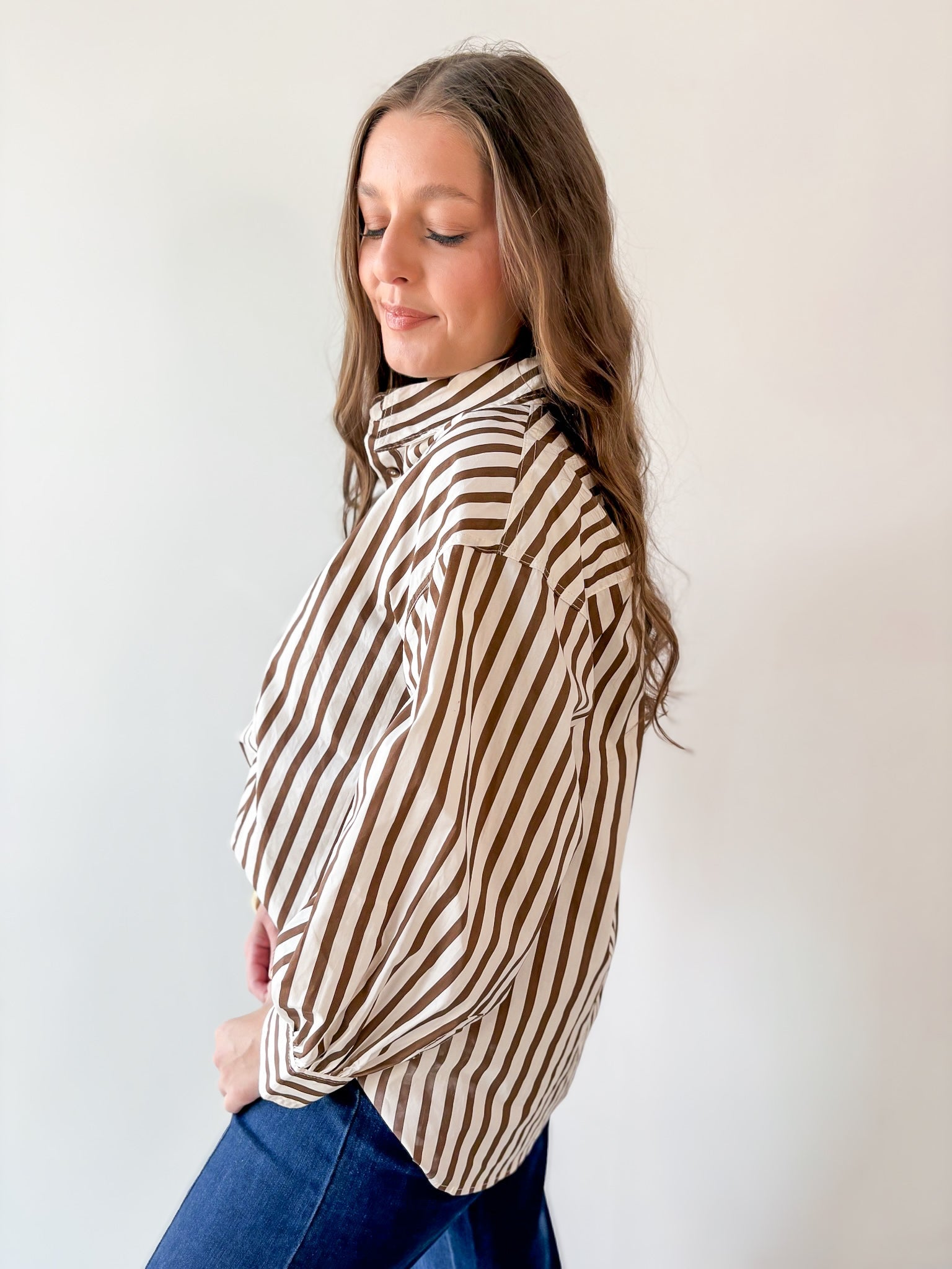 Long Sleeved Striped Shirt - Ecru-Brown