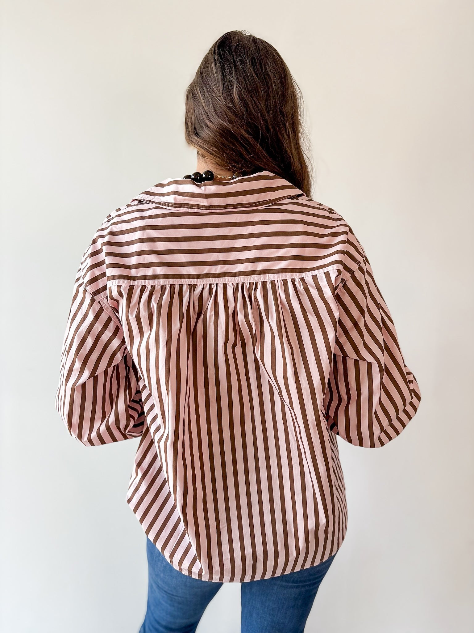 Long Sleeved Striped Shirt -Pink-Brown