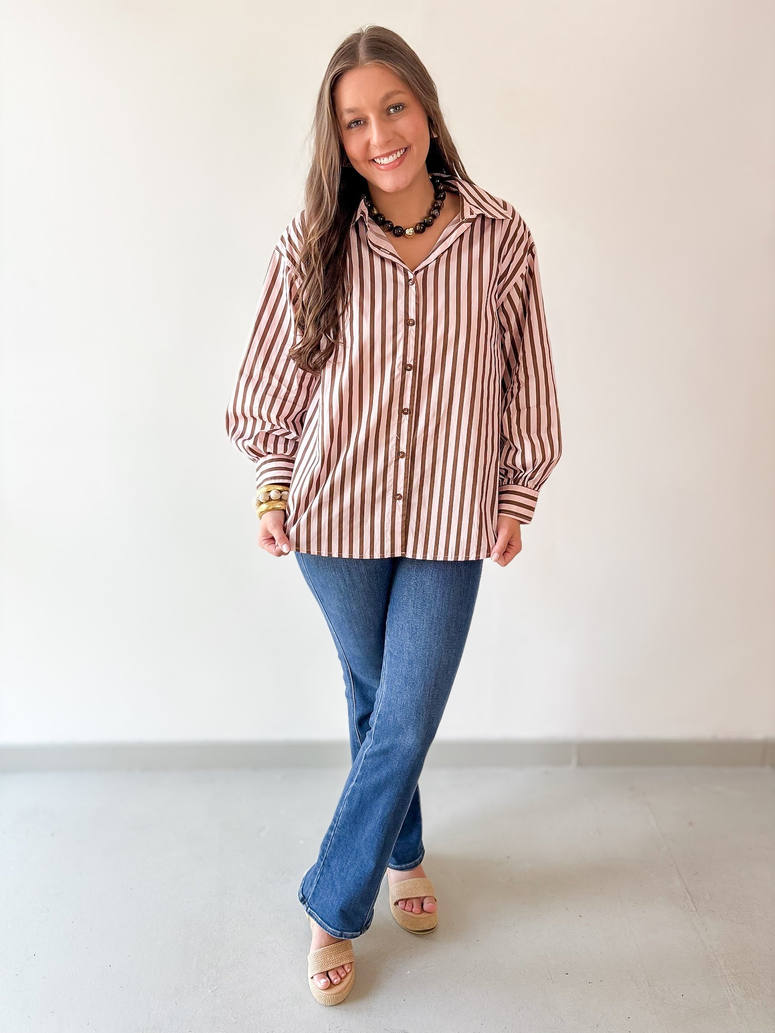 Long Sleeved Striped Shirt -Pink-Brown