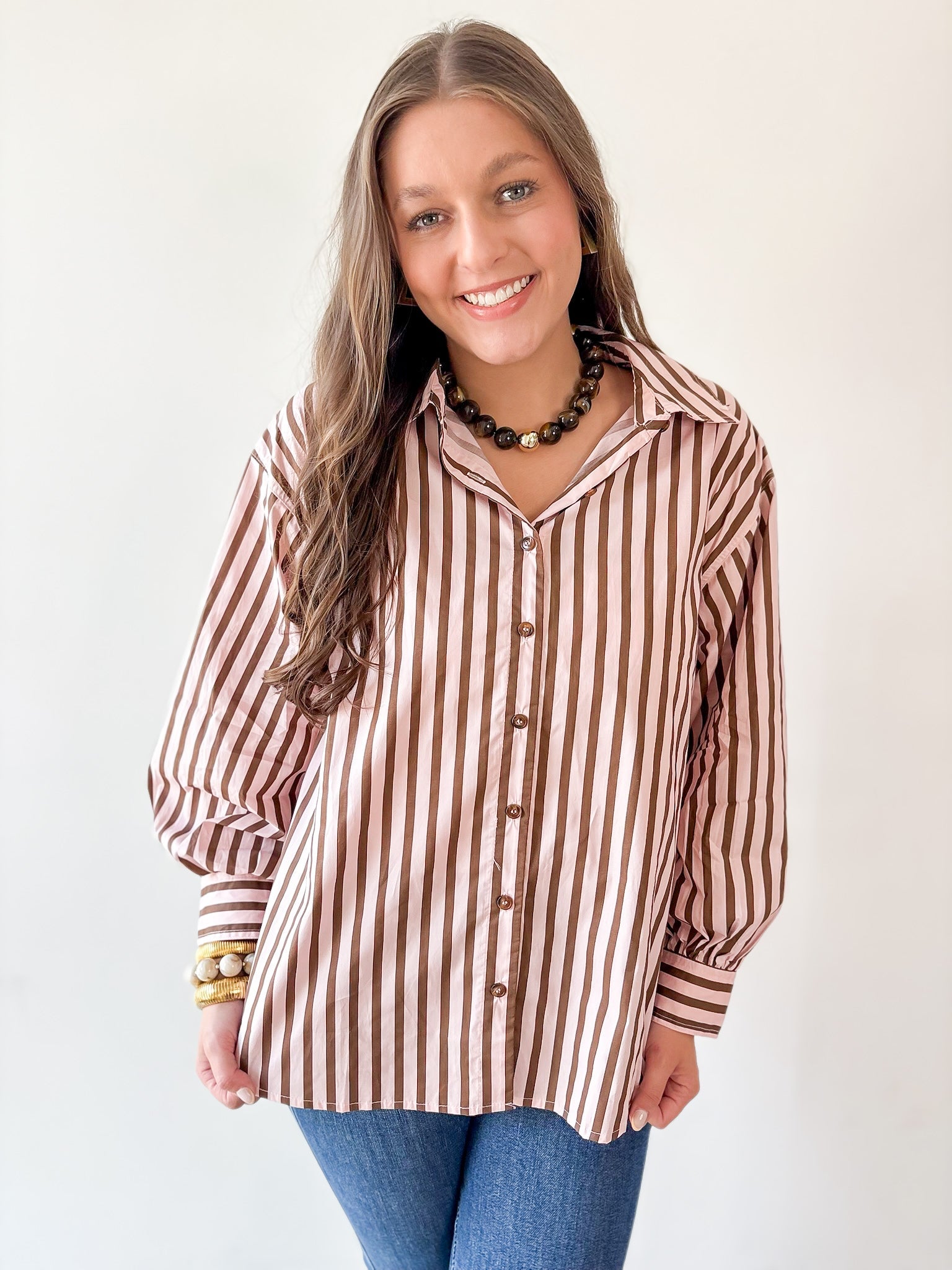 Long Sleeved Striped Shirt -Pink-Brown